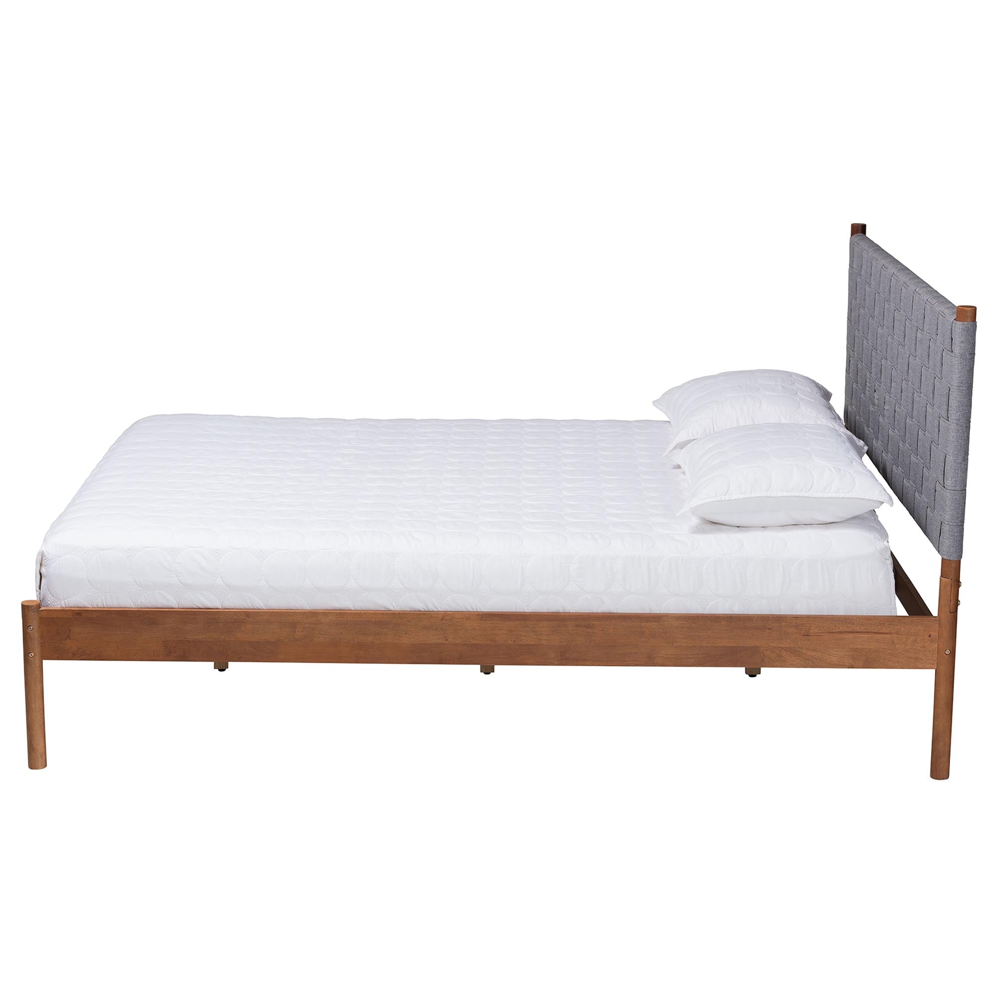 Estela Mid-Century Modern Grey Woven Fabric And Walnut Brown Wood Queen Size Platform Bed