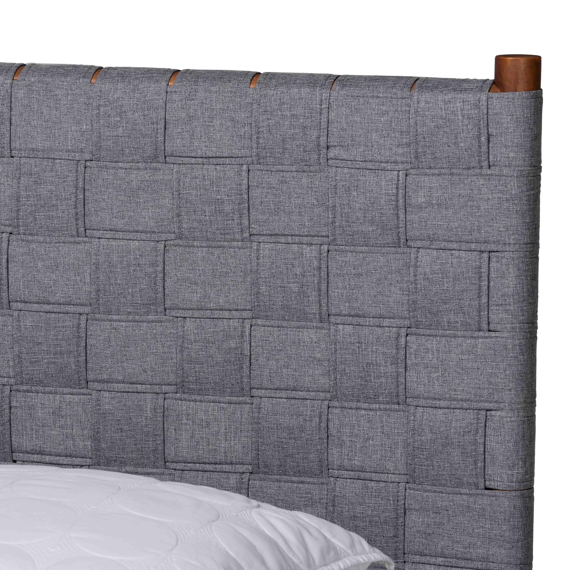 Barkley Queen Size Rubberwood Platform Bed  Mid-Century Modern with Grey Fabric Headboard
