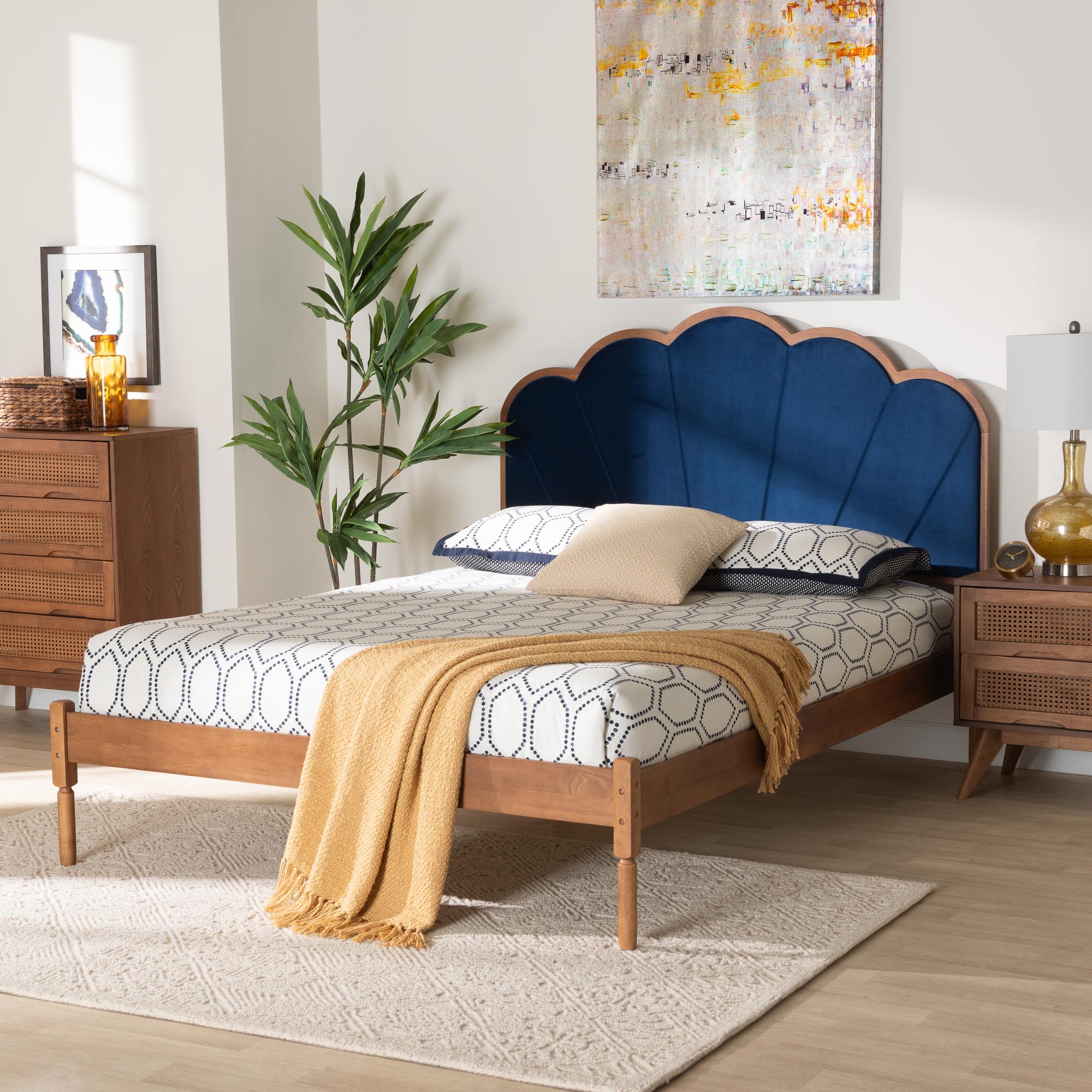 Hadria Mid-Century Modern Navy Blue Velvet And Walnut Brown Finished Wood Queen Size Platform Bed