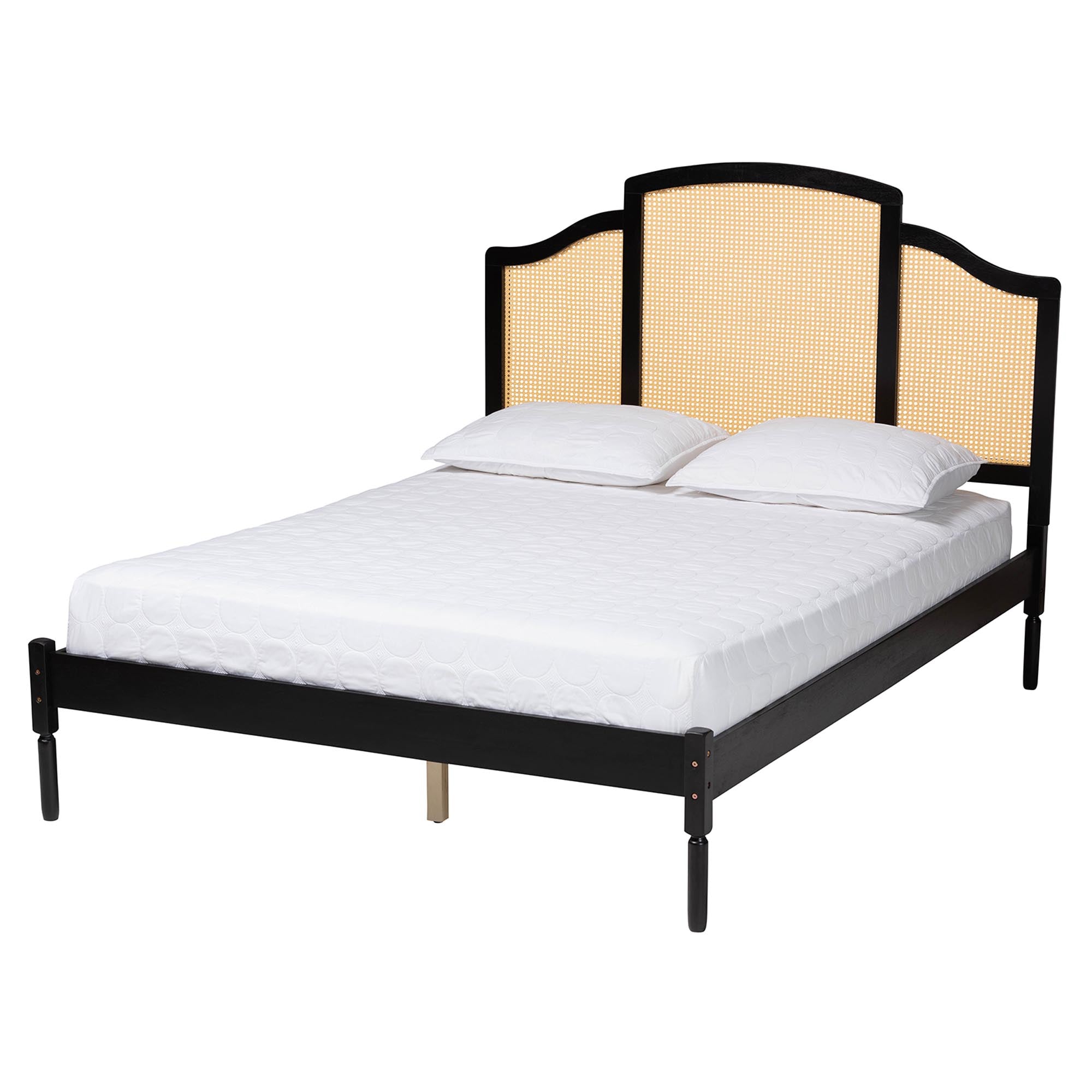 Librina Classic And Traditional Black Finished Wood Queen Size Platform Bed With Woven Rattan