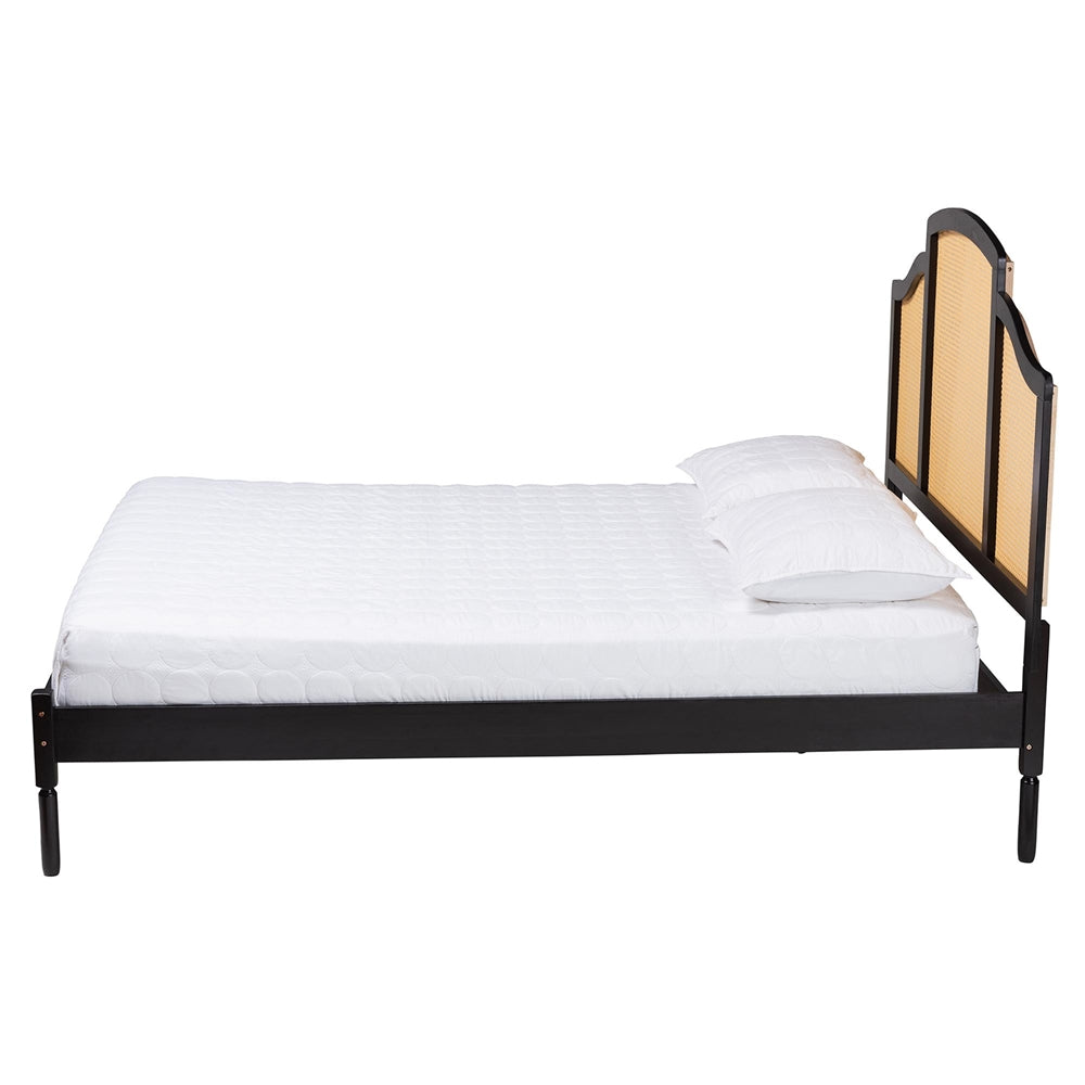 Librina Classic And Traditional Black Finished Wood Queen Size Platform Bed With Woven Rattan