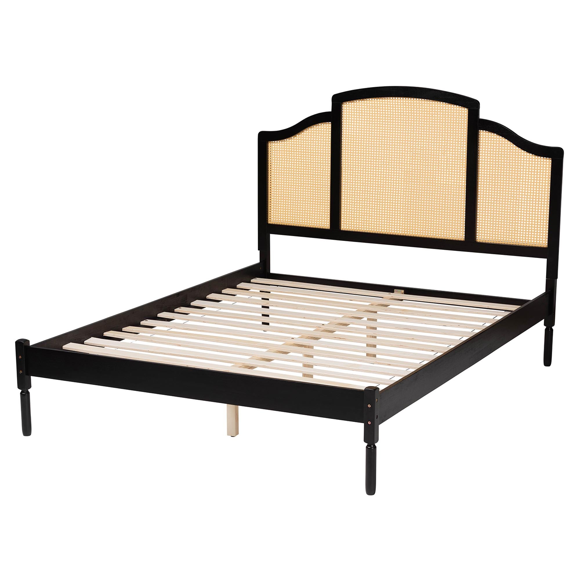 Librina Classic And Traditional Black Finished Wood Queen Size Platform Bed With Woven Rattan