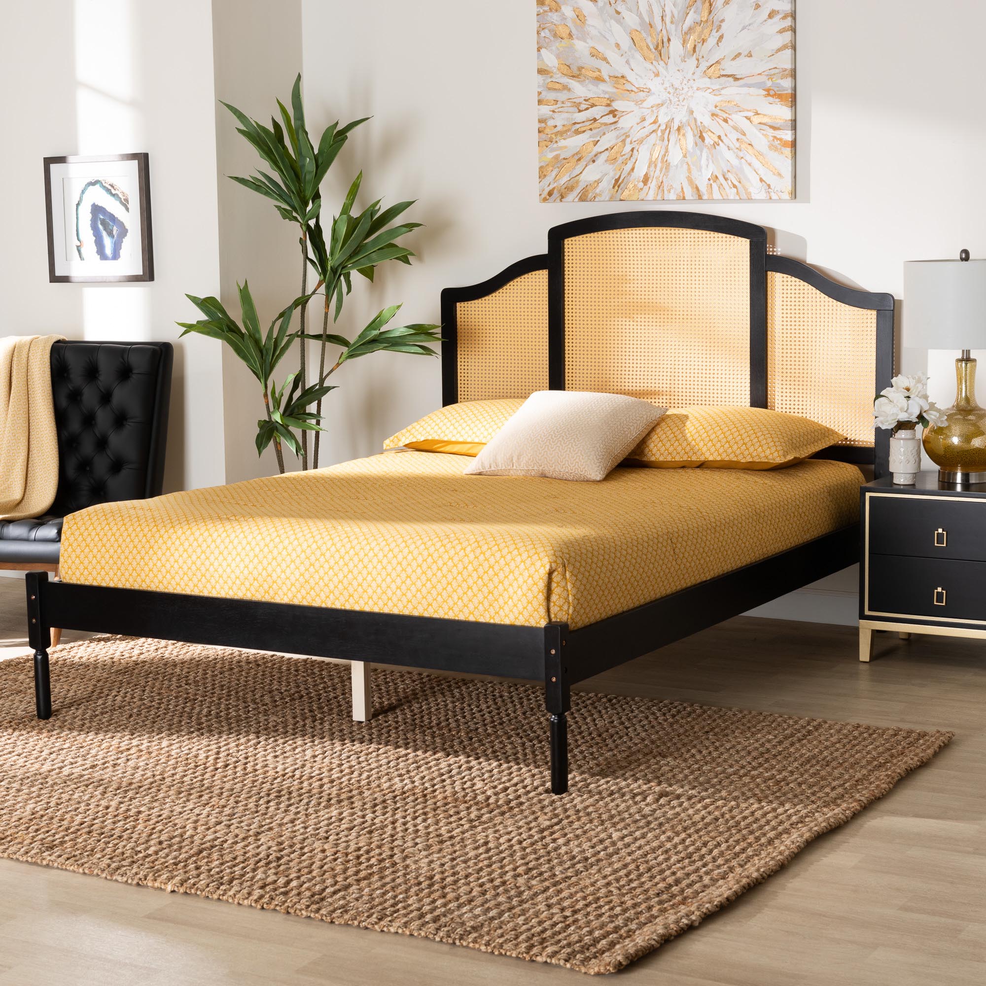 Librina Classic And Traditional Black Finished Wood Queen Size Platform Bed With Woven Rattan