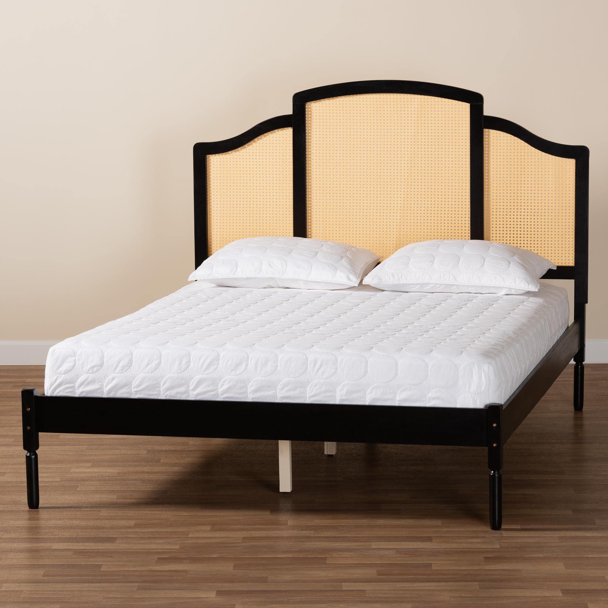 Librina Classic And Traditional Black Finished Wood Queen Size Platform Bed With Woven Rattan