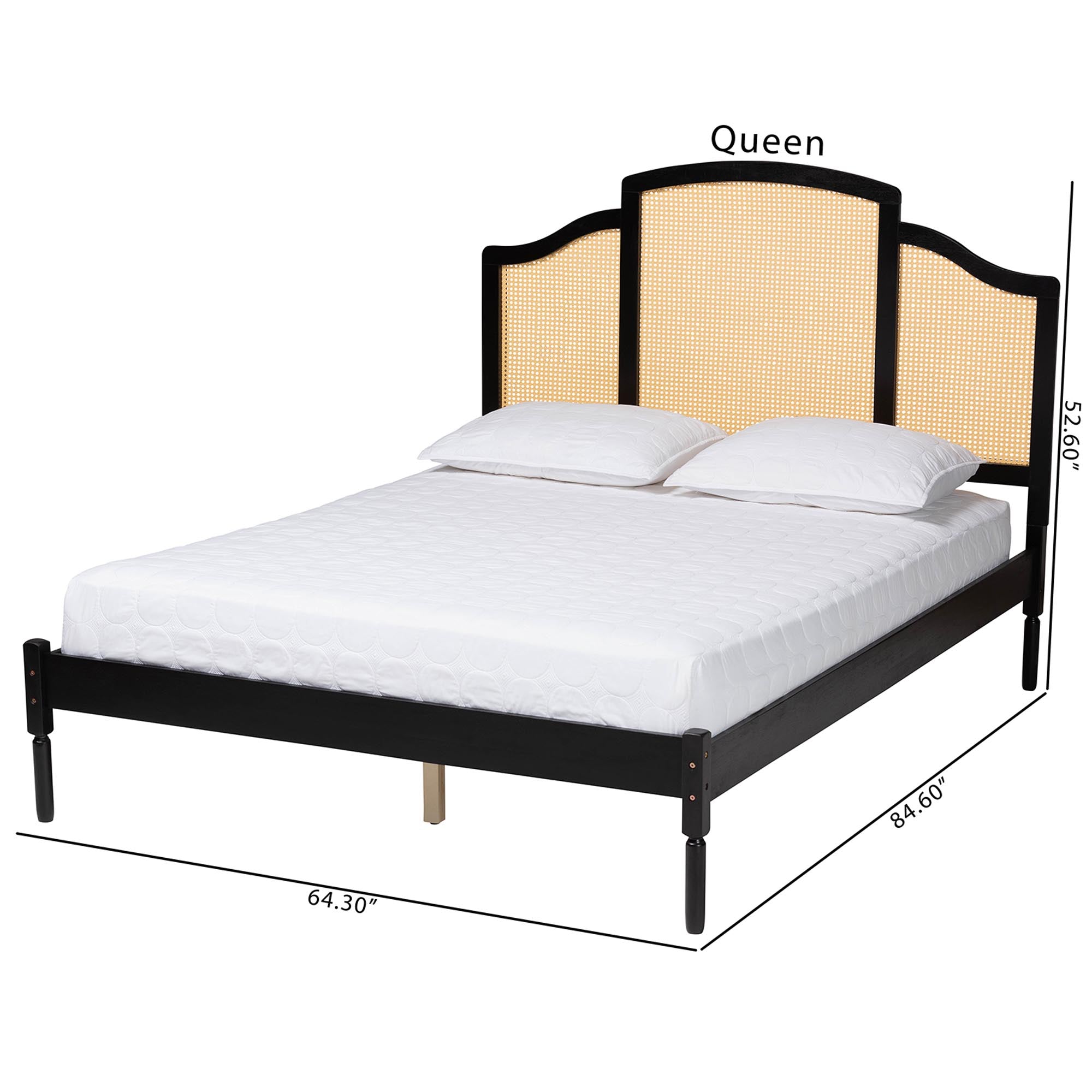 Librina Classic And Traditional Black Finished Wood Queen Size Platform Bed With Woven Rattan