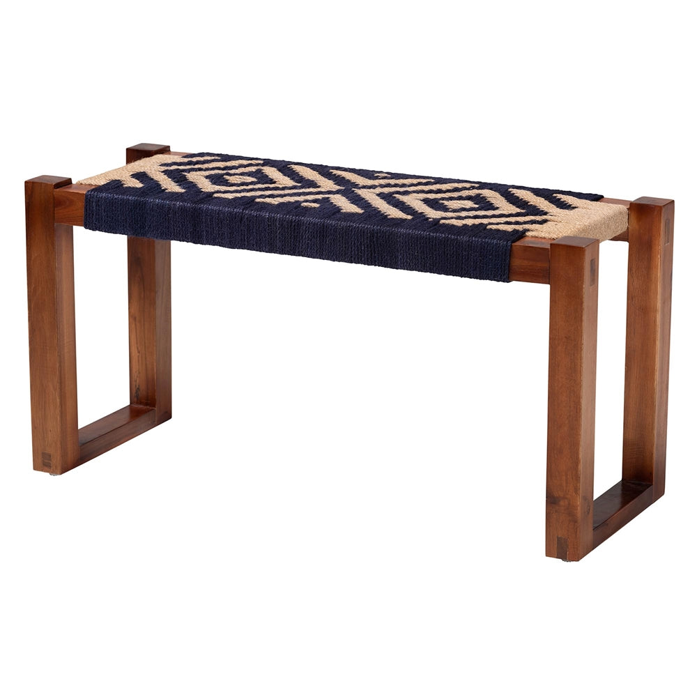 Prunella Modern Bohemian Two-Tone Navy Blue and Natural Brown Seagrass and Acacia Wood Accent Bench