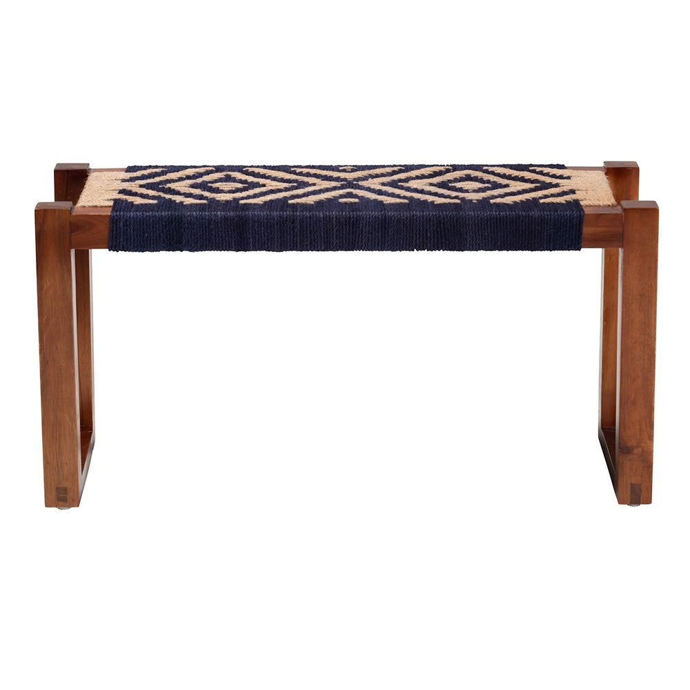 Prunella Modern Bohemian Two-Tone Navy Blue and Natural Brown Seagrass and Acacia Wood Accent Bench