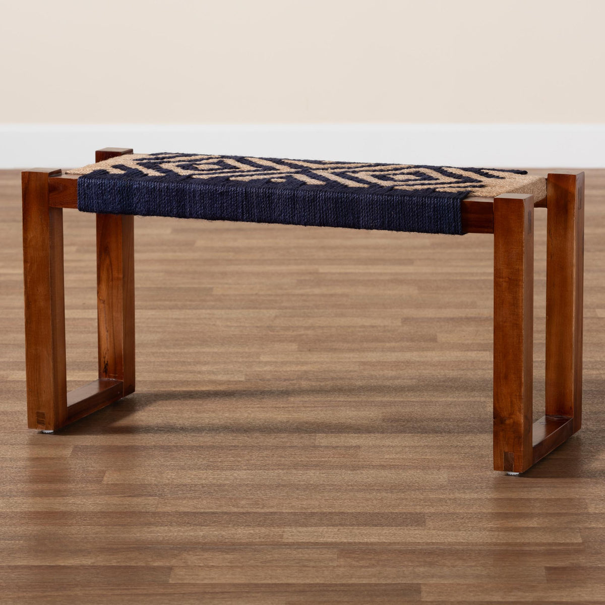 Prunella Modern Bohemian Two-Tone Navy Blue and Natural Brown Seagrass and Acacia Wood Accent Bench