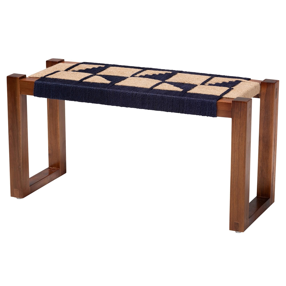 Jerilyn Modern Bohemian Two-Tone Navy Blue and Natura Brown Seagrass and Acacia Wood Accent Bench