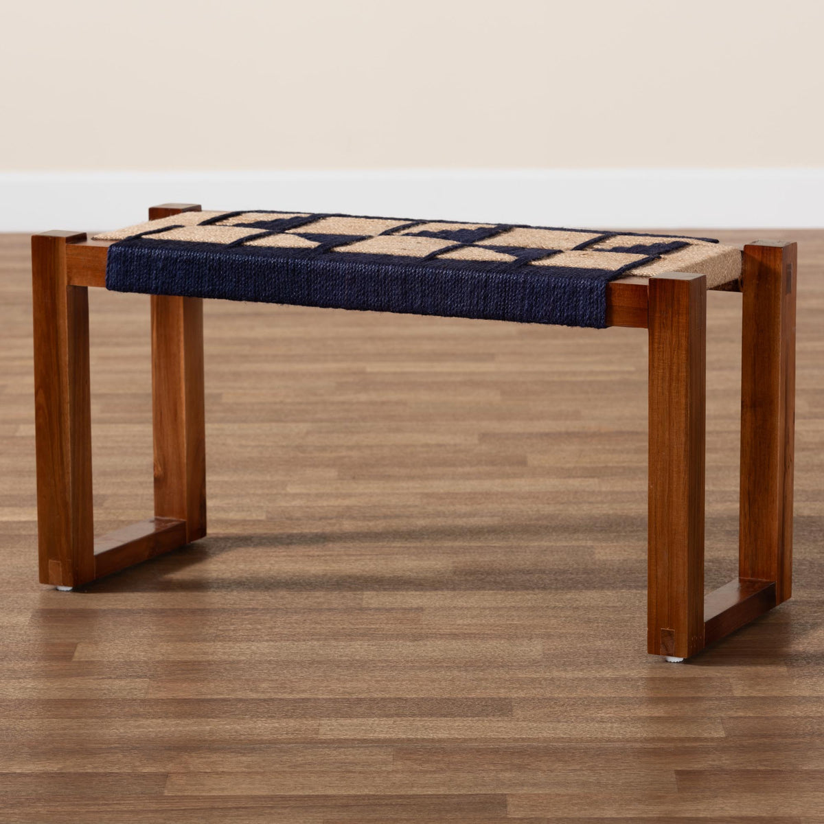 Jerilyn Modern Bohemian Two-Tone Navy Blue and Natura Brown Seagrass and Acacia Wood Accent Bench