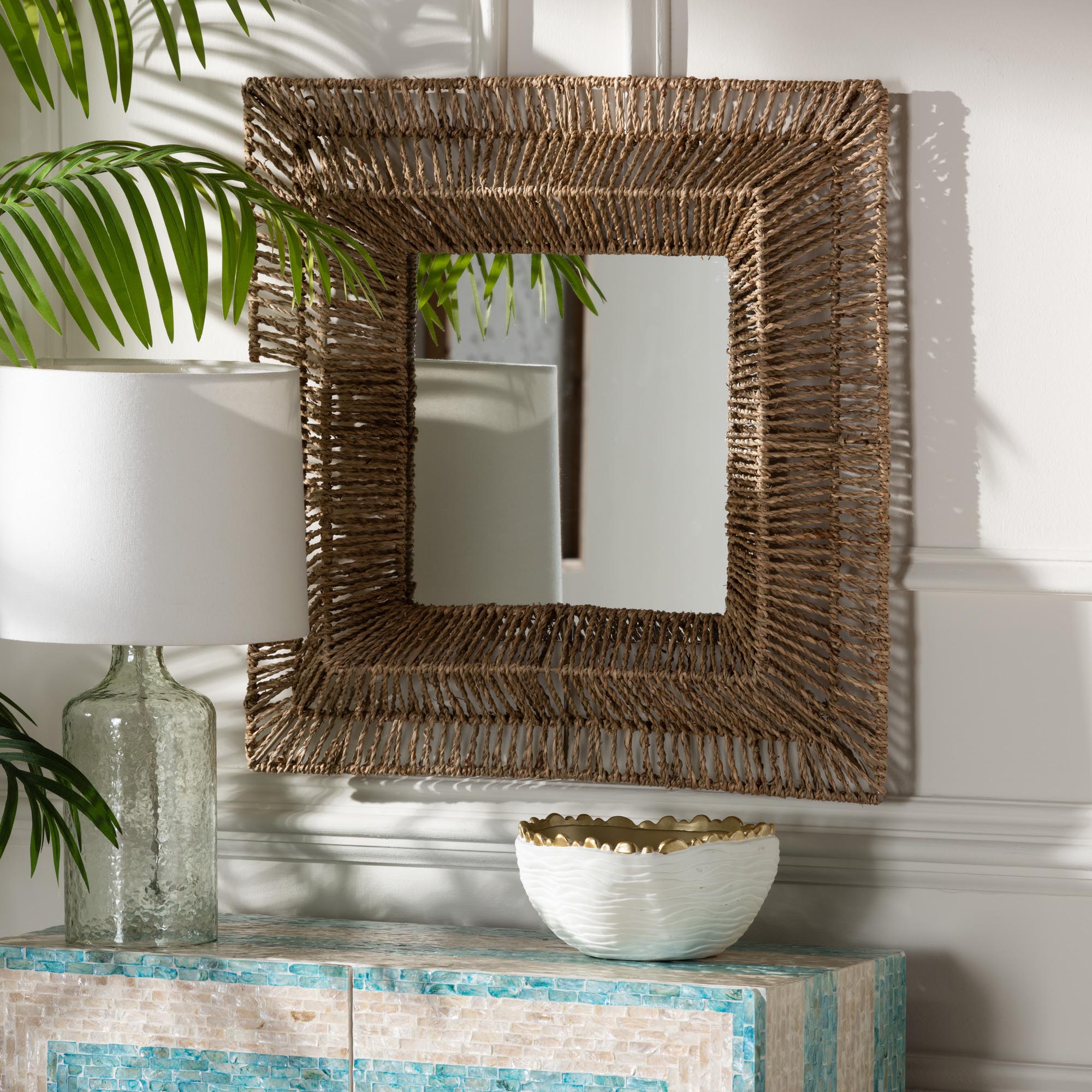 Collice Modern Bohemian Metal and Natural Brown Seagrass Accent Wall Mirror