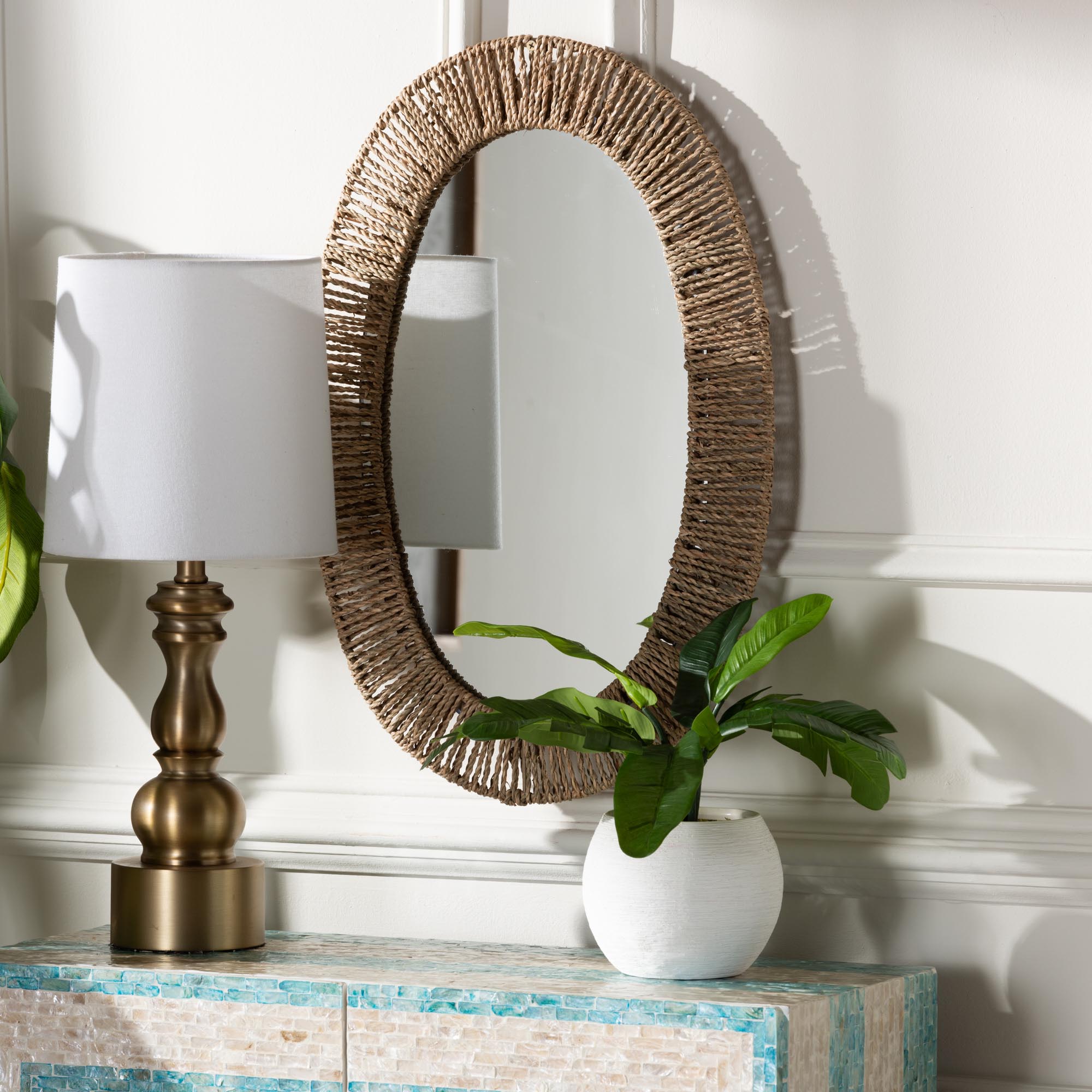 Elwyn Modern Bohemian Metal and Natural Brown Seagrass Accent Wall Mirror