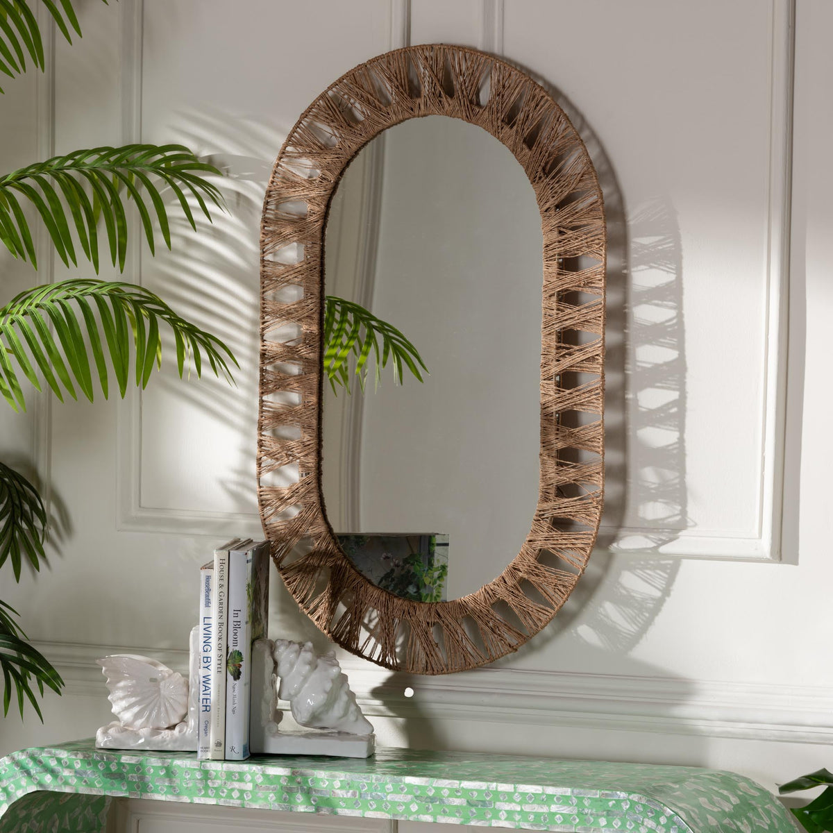 Geona Modern Bohemian Metal and Natural Brown Seagrass Accent Wall Mirror