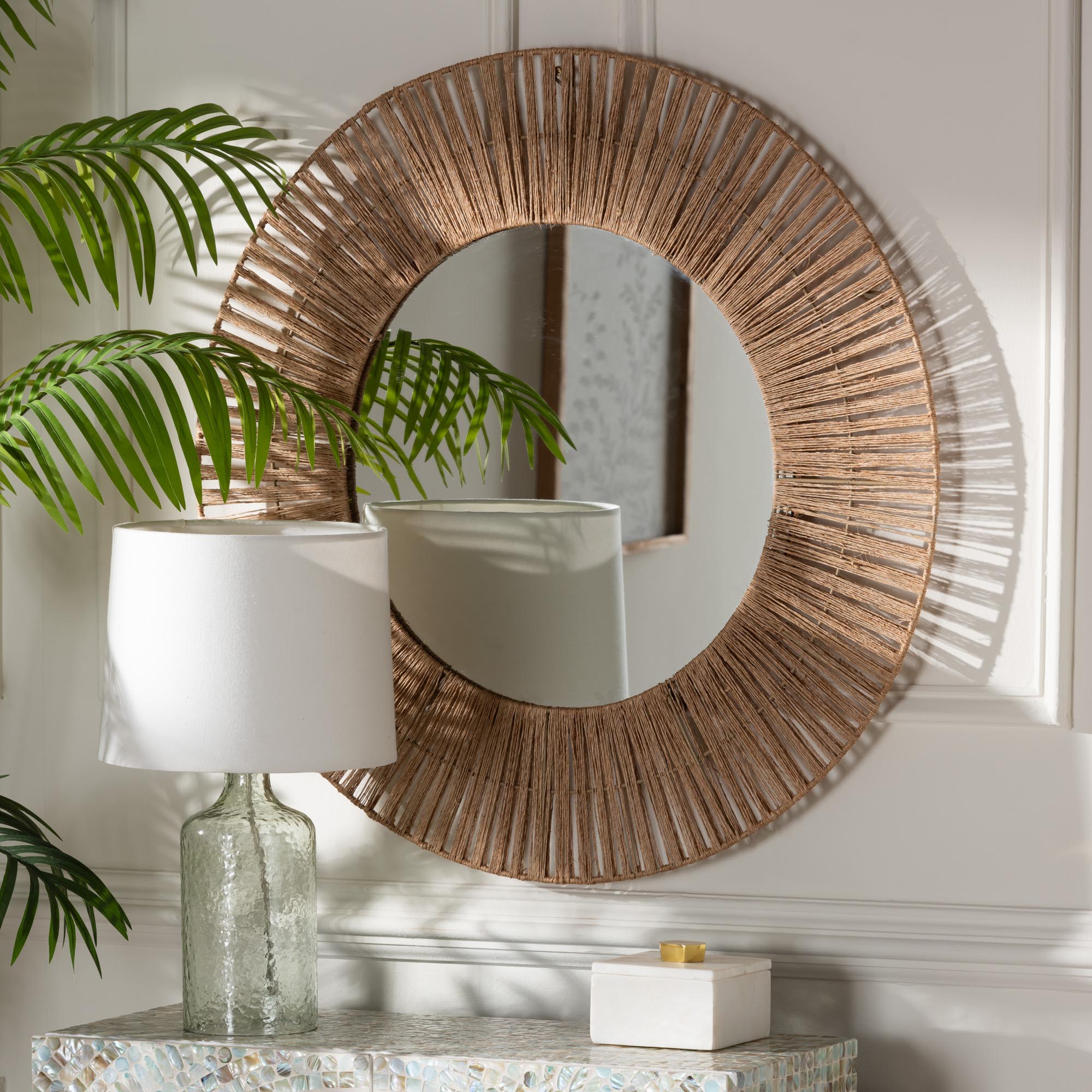 Leala Modern Bohemian Metal and Natural Brown Seagrass Accent Wall Mirror