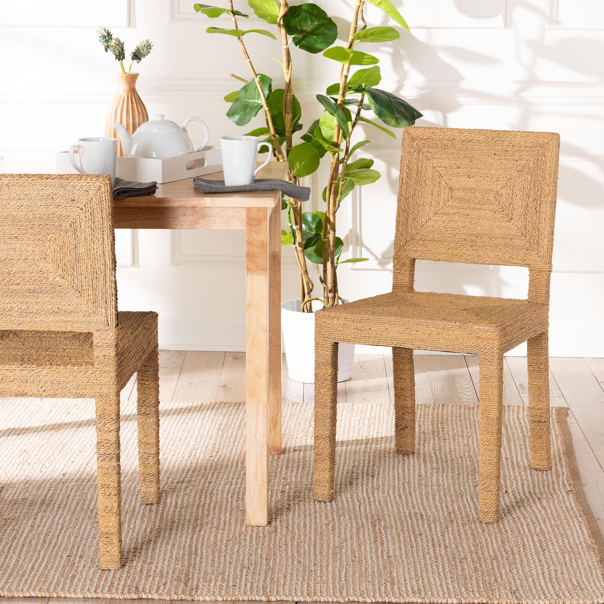 Anfield Modern Bohemian Natural Seagrass and Mahogany Wood Dining Chair