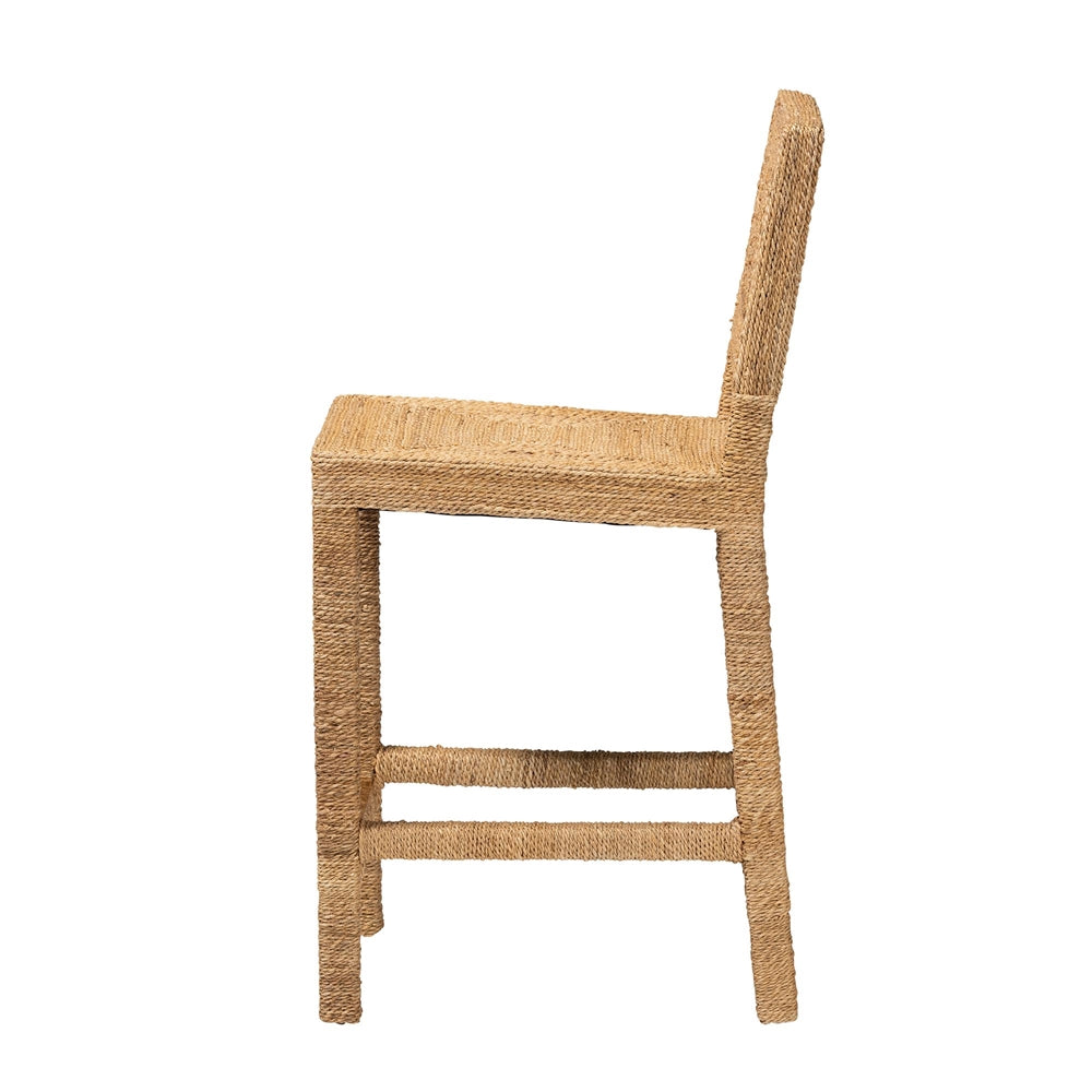 Anfield Modern Bohemian Natural Seagrass and Mahogany Wood Counter Stool