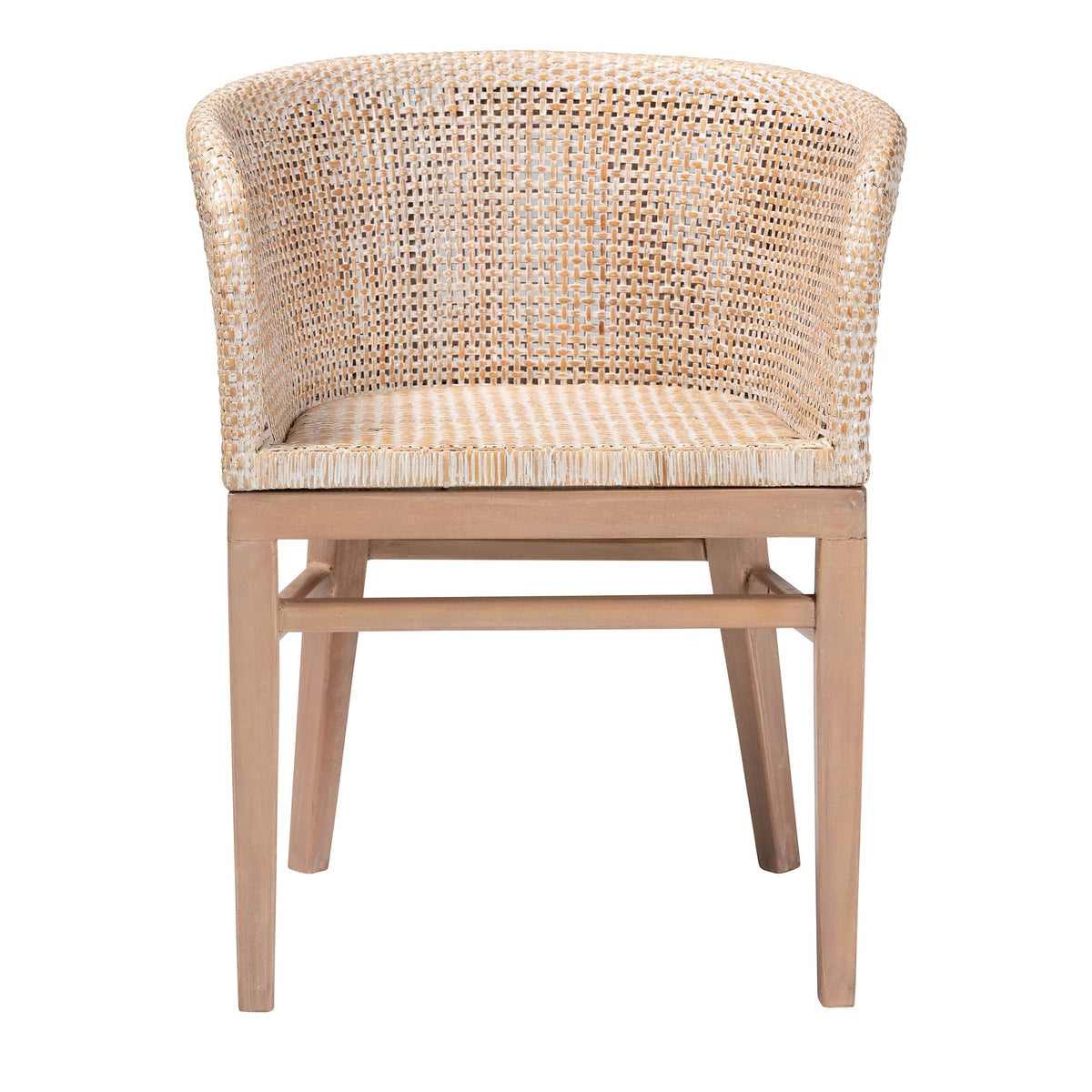Papua Modern Bohemian Antique White Washed Rattan and Mahogany Wood Dining Chair