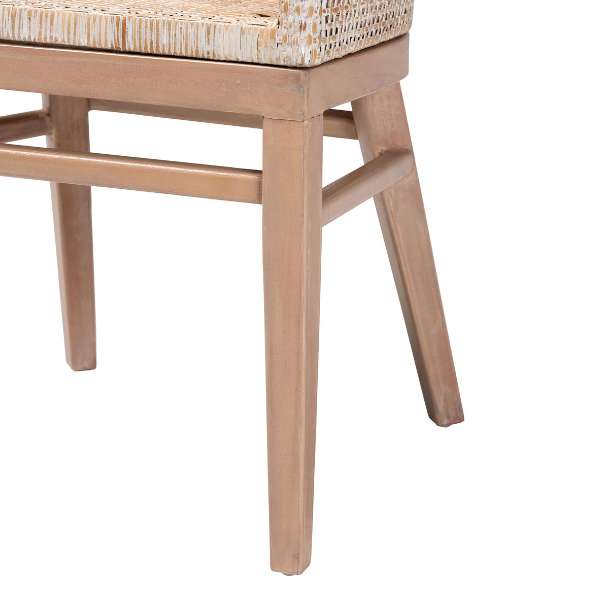 Papua Modern Bohemian Antique White Washed Rattan and Mahogany Wood Dining Chair