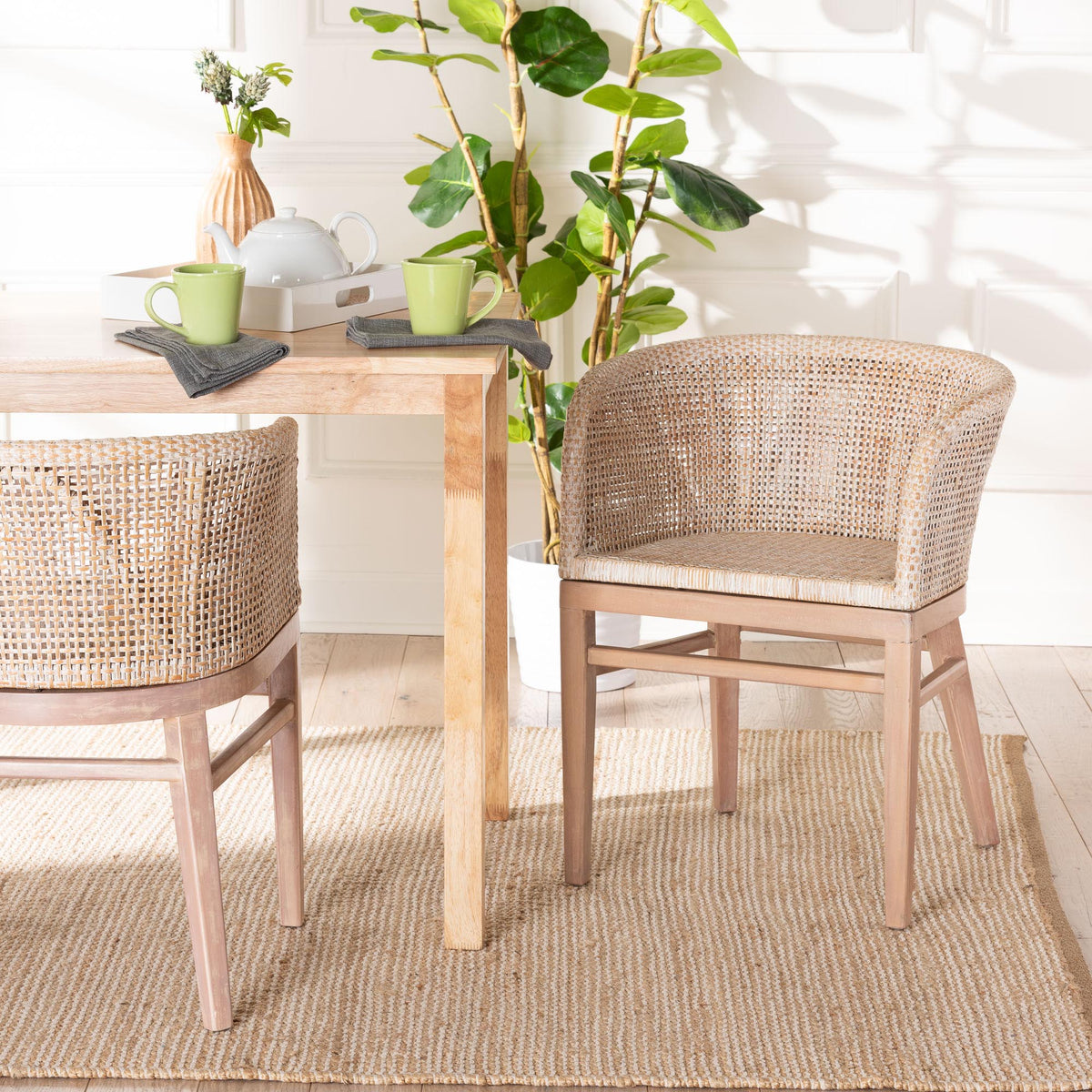 Papua Modern Bohemian Antique White Washed Rattan and Mahogany Wood Dining Chair