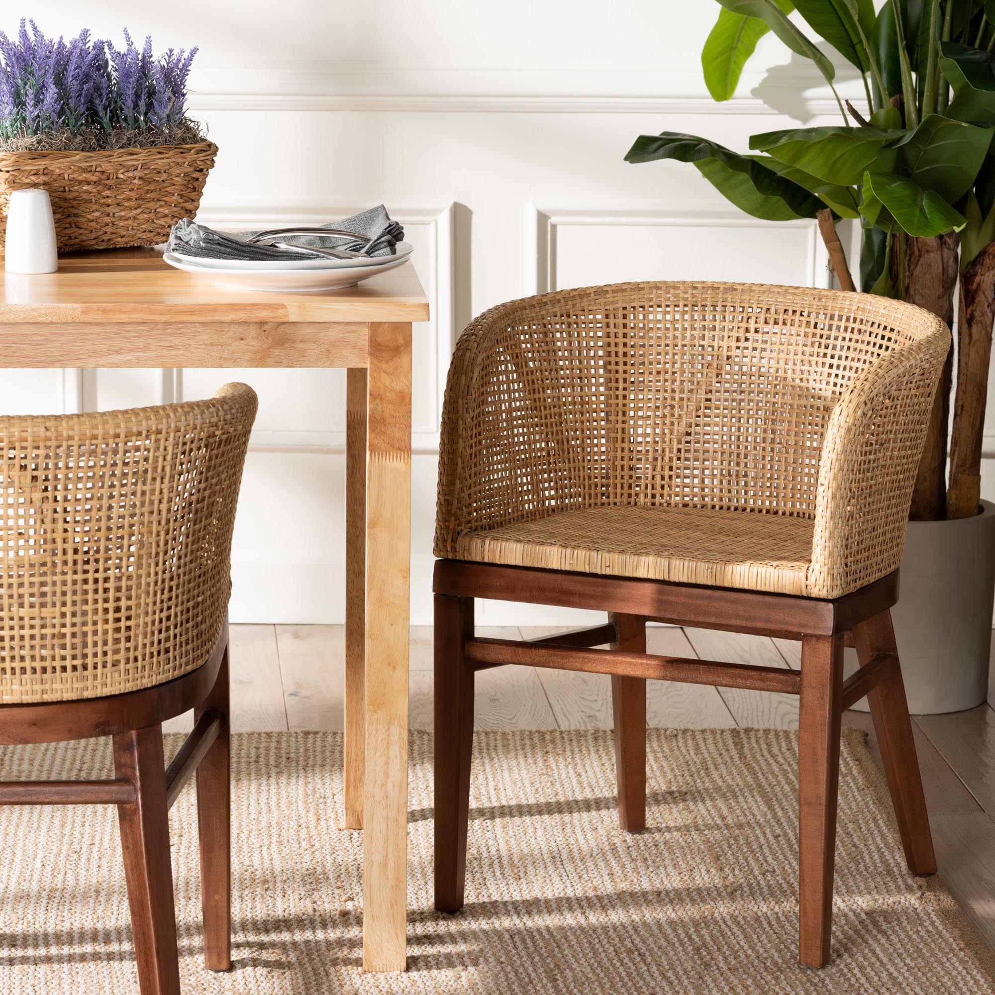 Papua Modern Bohemian Natural Rattan and Walnut Brown Acacia Wood Dining Chair
