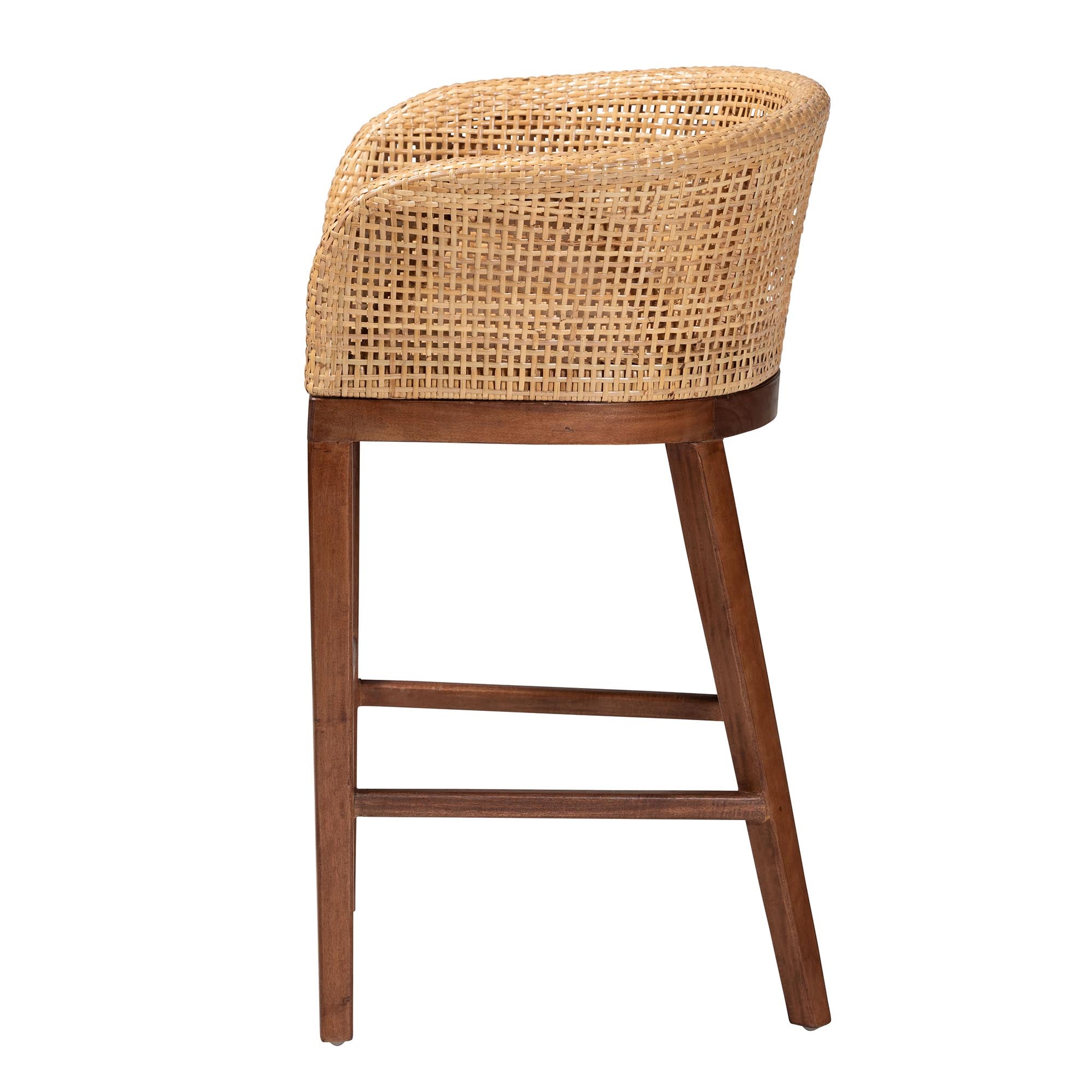 Papua Modern Bohemian Natural Rattan and Walnut Brown Acacia Wood Counter Stool