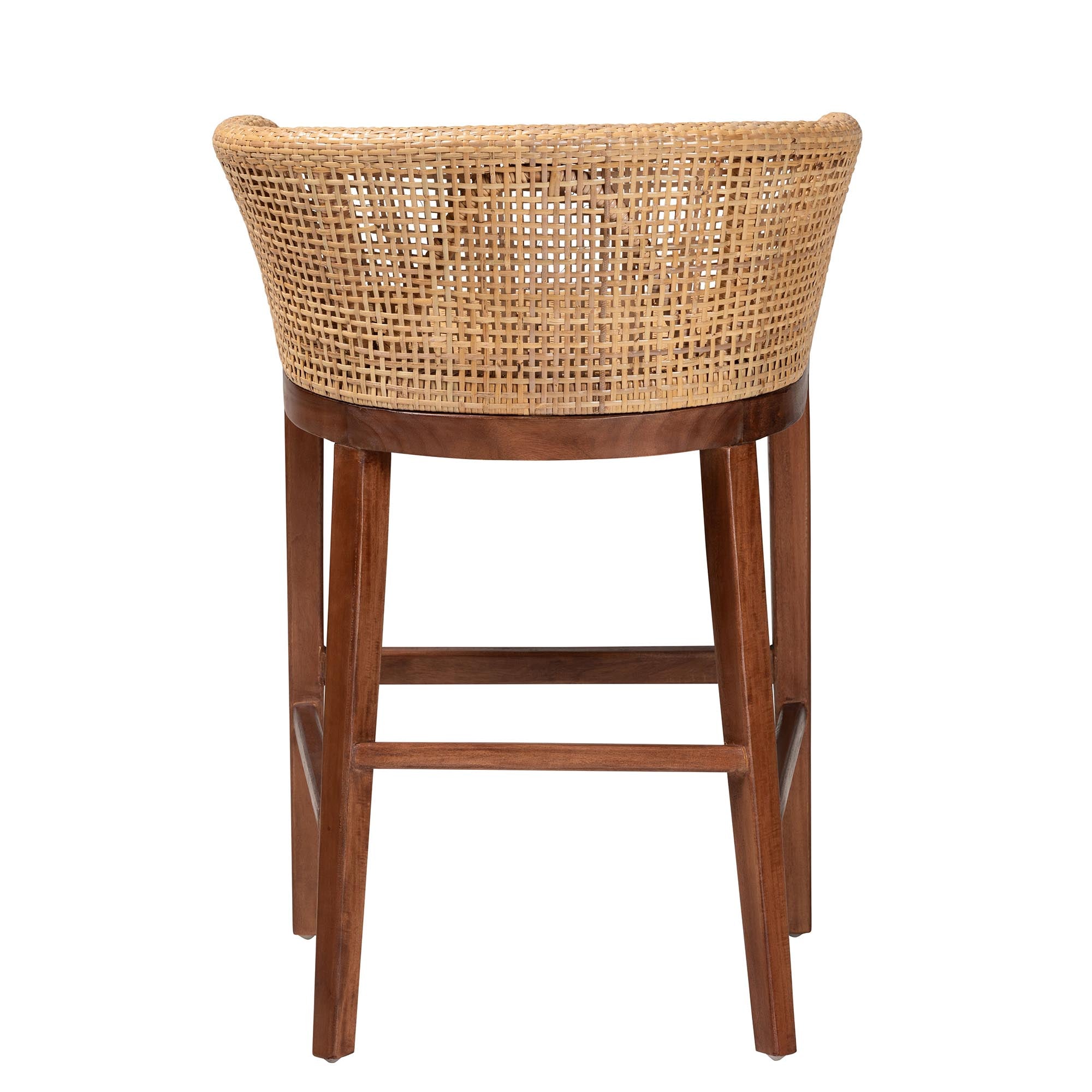 Papua Modern Bohemian Natural Rattan and Walnut Brown Acacia Wood Counter Stool