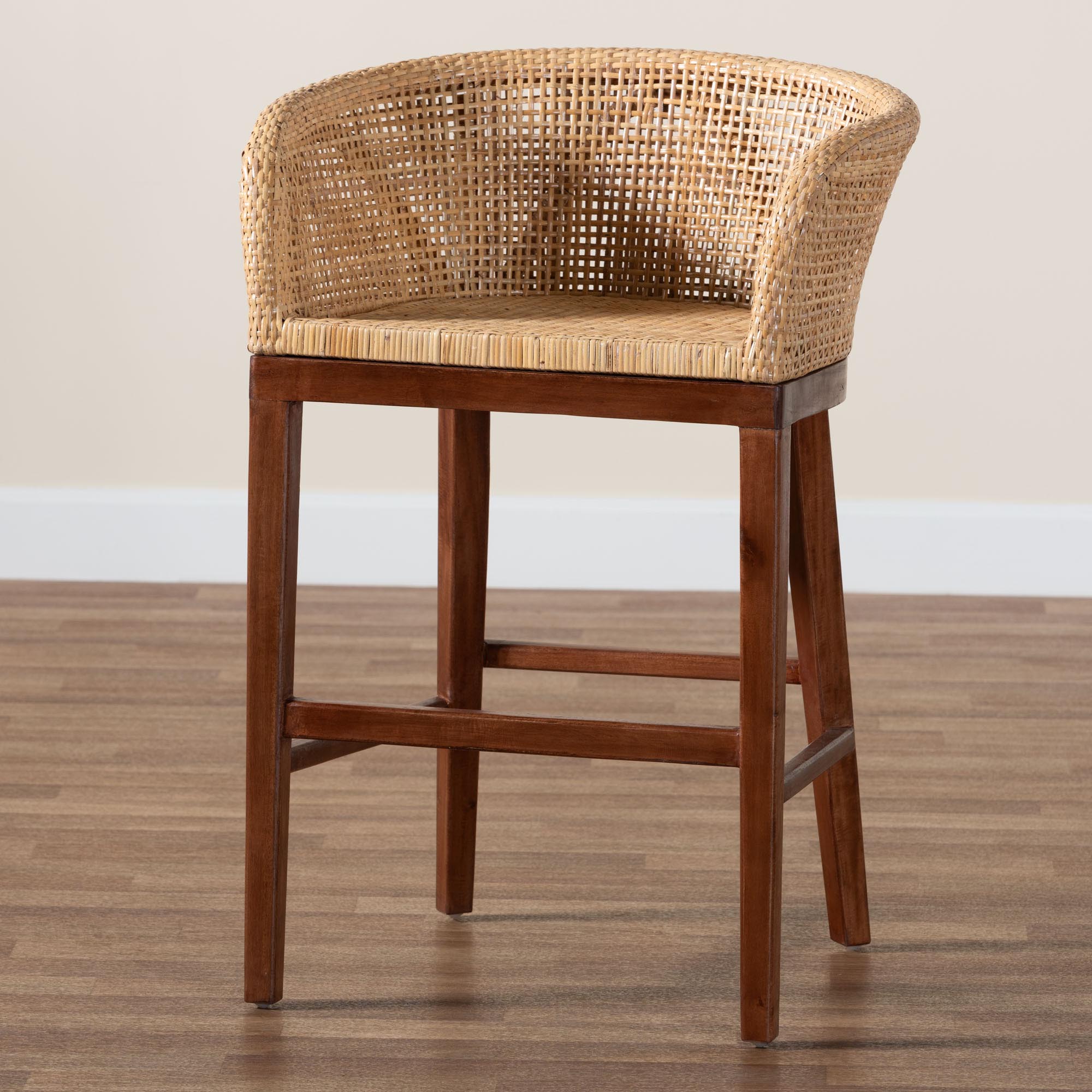 Papua Modern Bohemian Natural Rattan and Walnut Brown Acacia Wood Counter Stool
