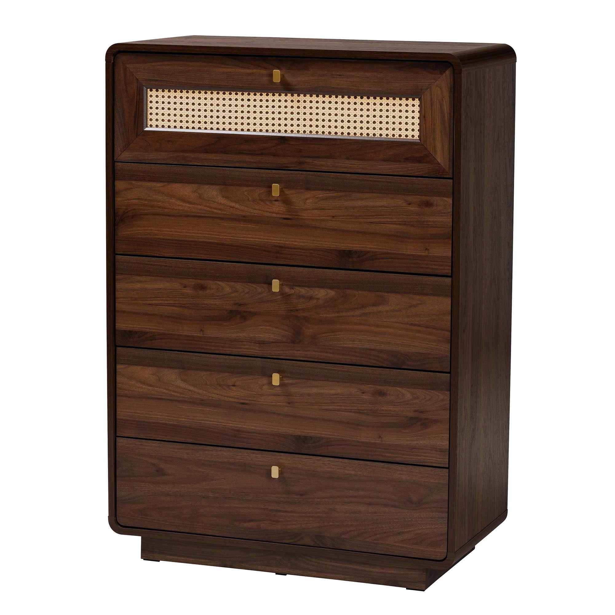 Jenibelle Classic Walnut Brown Wood 5-Drawer Chest with Rattan Drawer