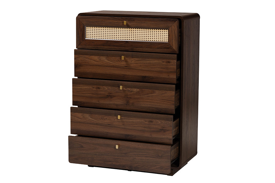 Jenibelle Classic Walnut Brown Wood 5-Drawer Chest with Rattan Drawer