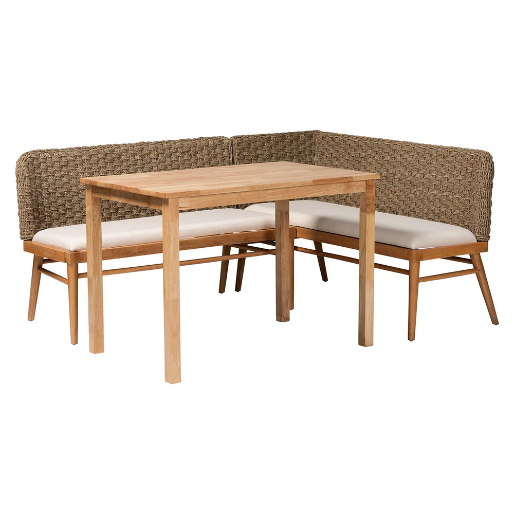 Denver Modern Bohemian Natural Seagrass and Acacia Wood 3-Piece Dining Nook Set