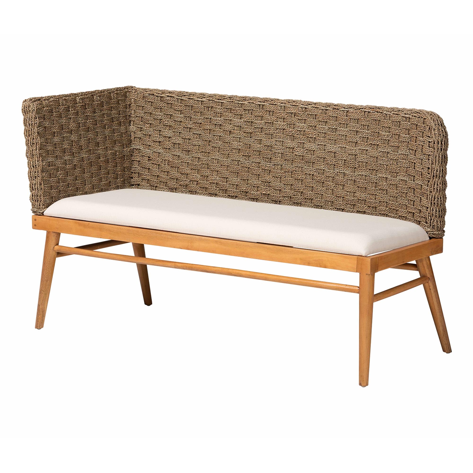 Denver Modern Bohemian Natural Seagrass and Acacia Wood 3-Piece Dining Nook Set