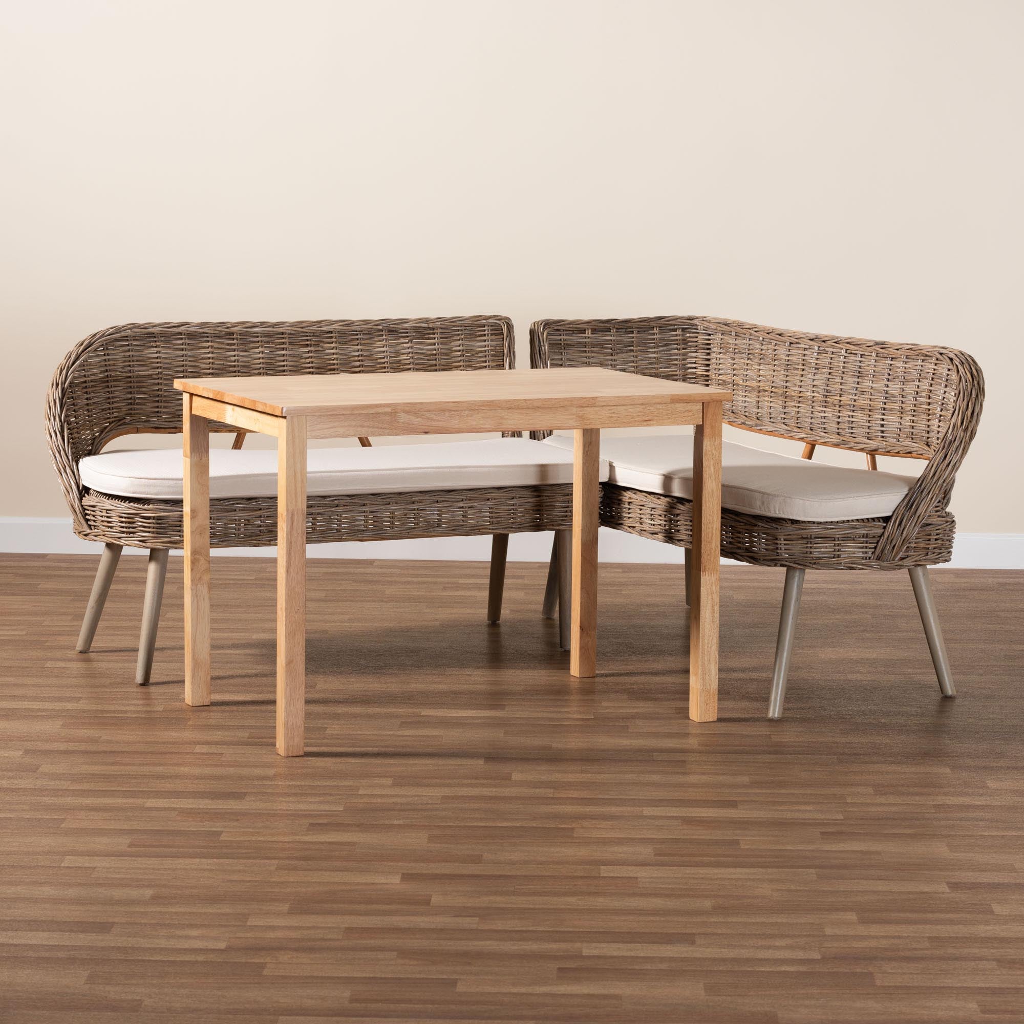 Raisa Modern Bohemian Natural Kubu Rattan Bench and Wood Table 3-Piece Dining Nook Set