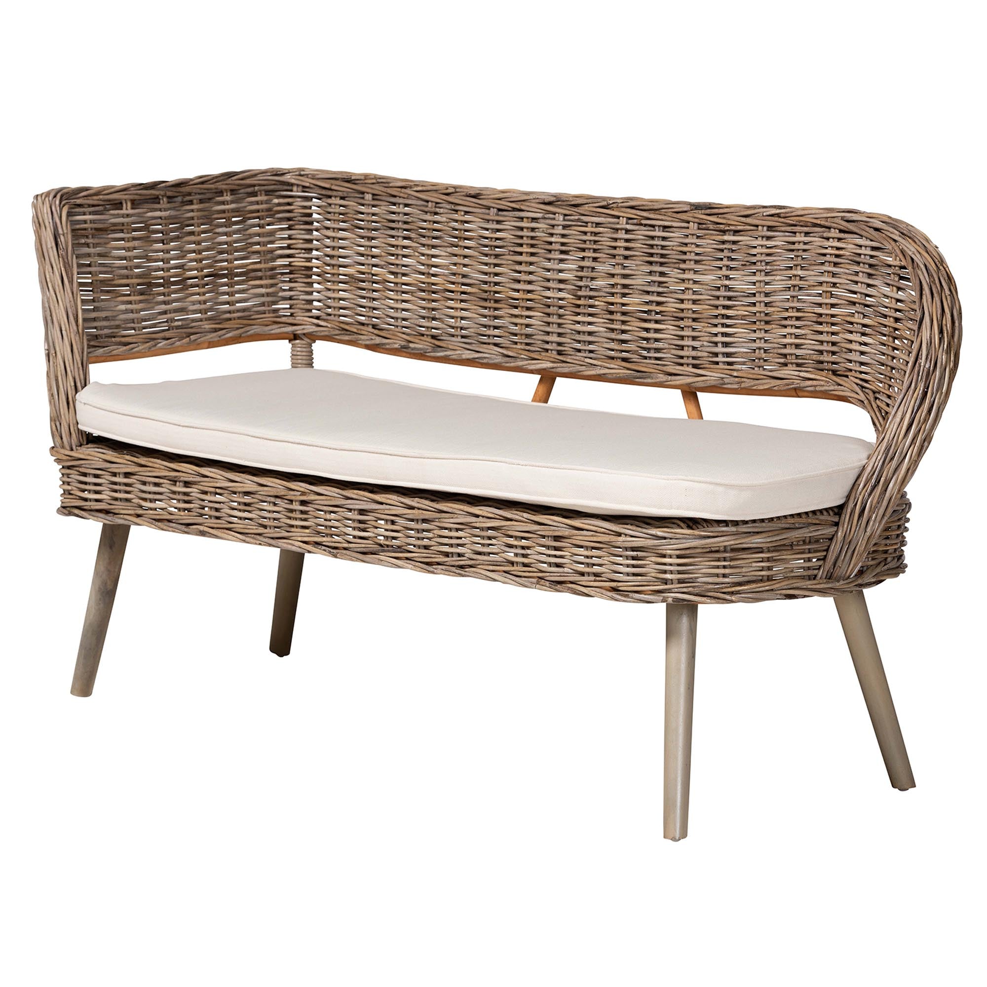 Raisa Modern Bohemian Natural Kubu Rattan Bench and Wood Table 3-Piece Dining Nook Set