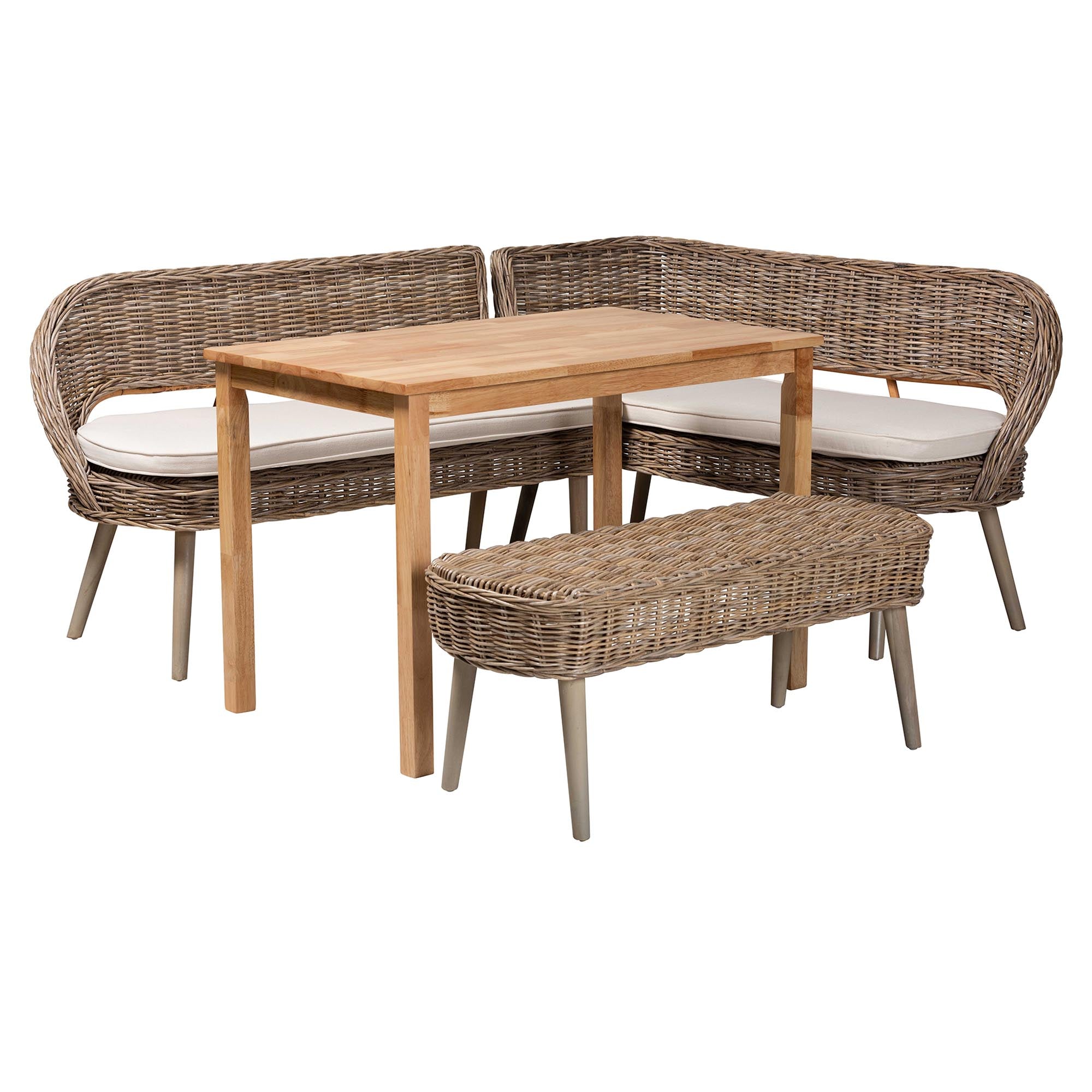 Raisa Modern Bohemian Natural Kubu Rattan Bench and Wood Table 4-Piece Dining Nook Set