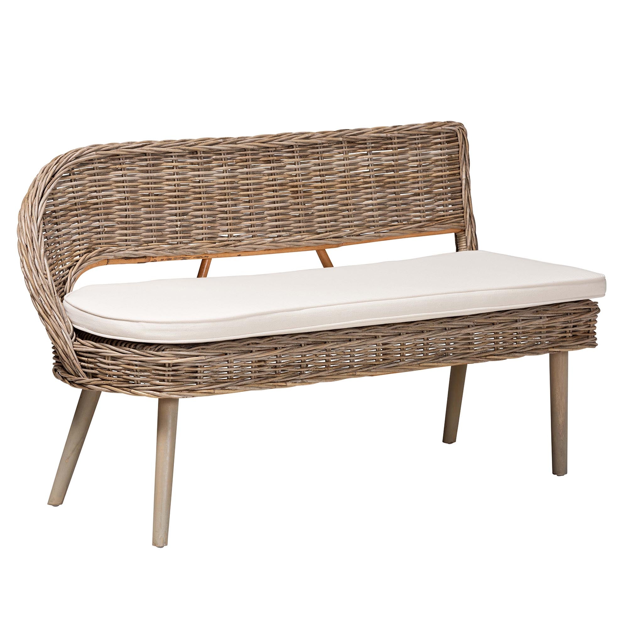 Raisa Modern Bohemian Natural Kubu Rattan Bench and Wood Table 4-Piece Dining Nook Set