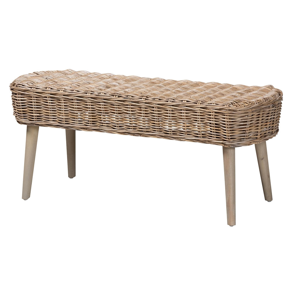 Raisa Modern Bohemian Natural Kubu Rattan Bench and Wood Table 4-Piece Dining Nook Set