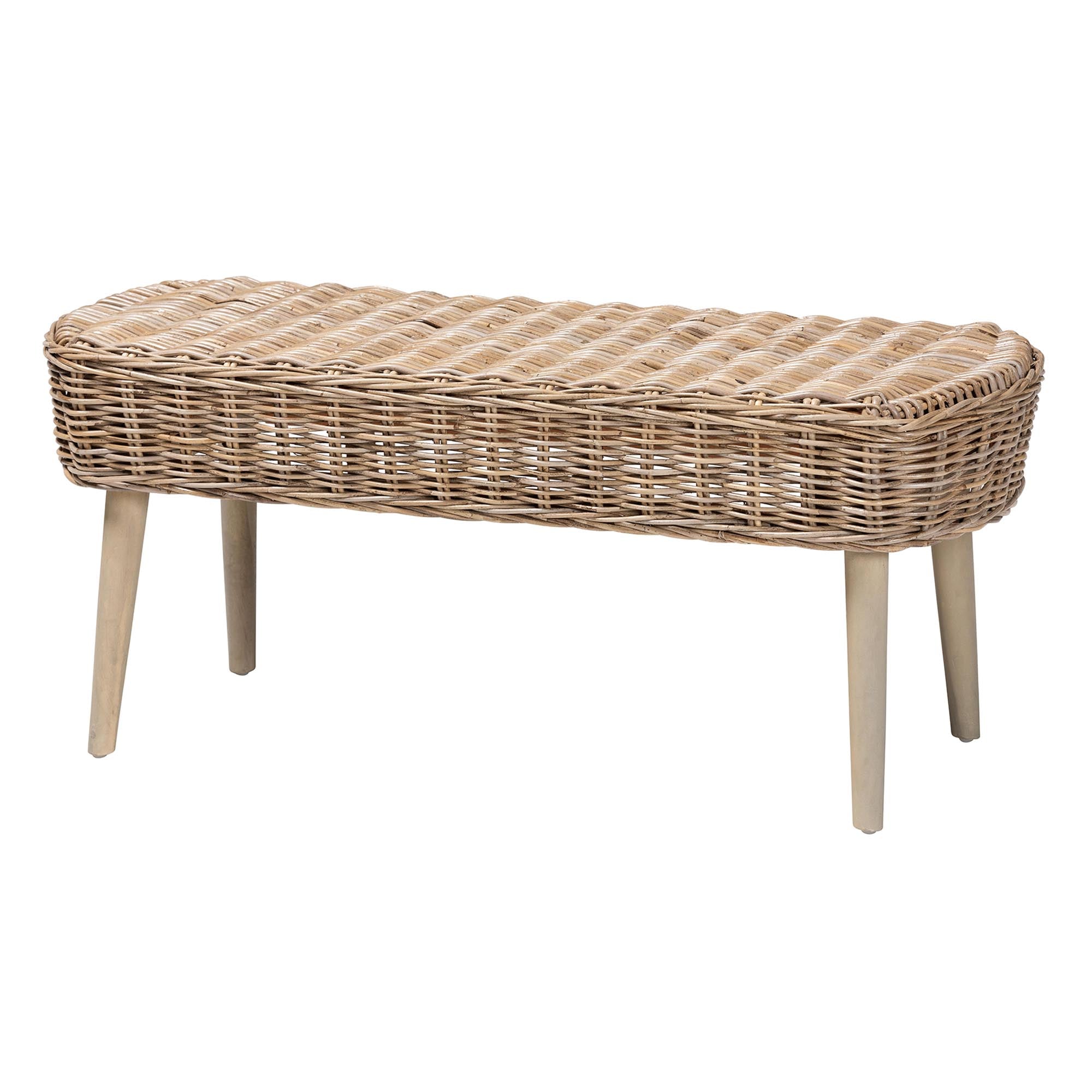 Raisa Modern Bohemian Natural Kubu Rattan and Grey Acacia Wood Accent Bench