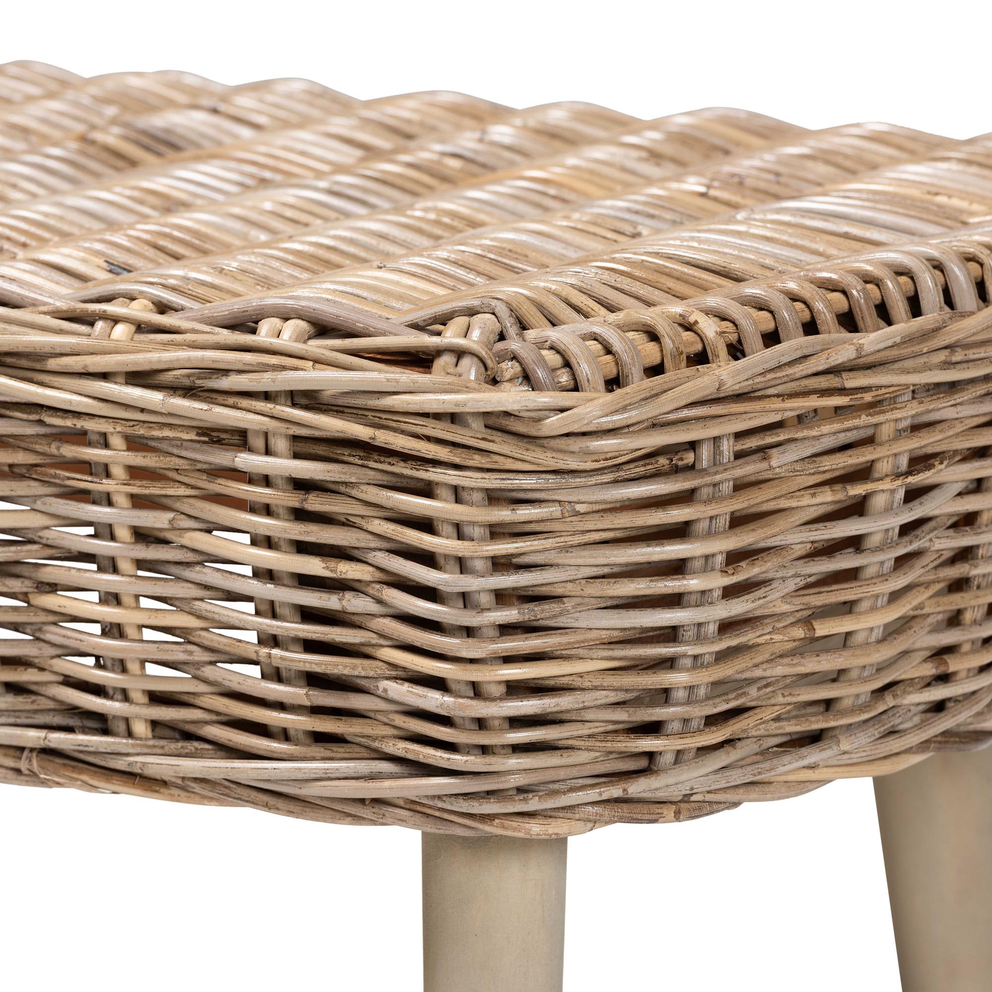 Raisa Modern Bohemian Natural Kubu Rattan and Grey Acacia Wood Accent Bench