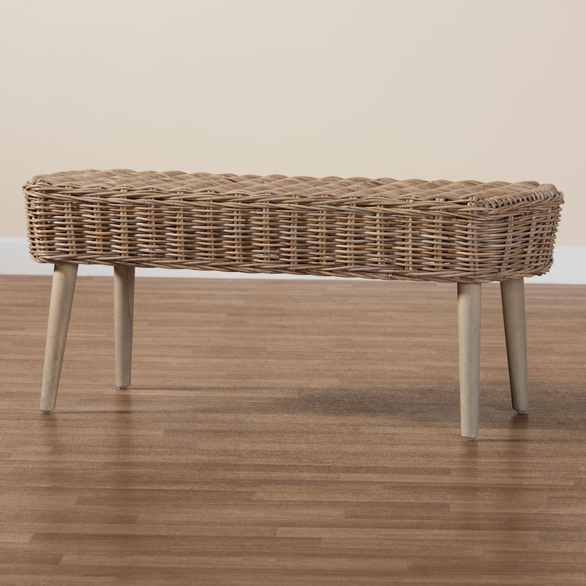 Raisa Modern Bohemian Natural Kubu Rattan and Grey Acacia Wood Accent Bench