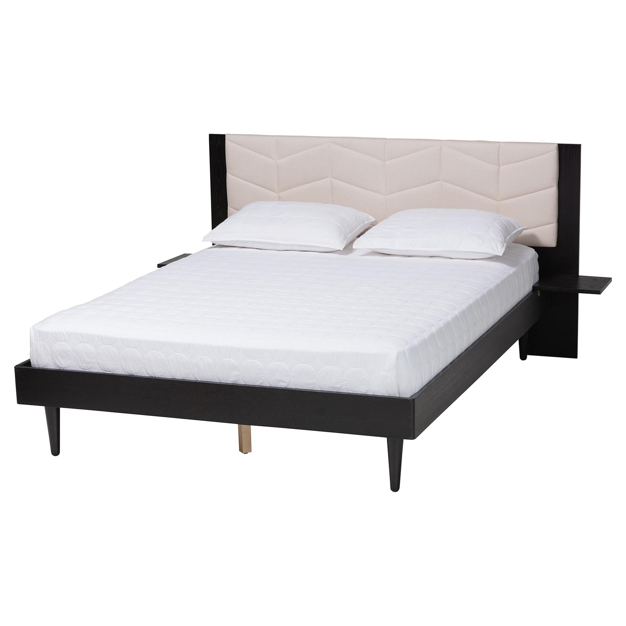 Adriano Transitional Beige Fabric And Black Wood Queen Size Bed With Built-In Side Tables