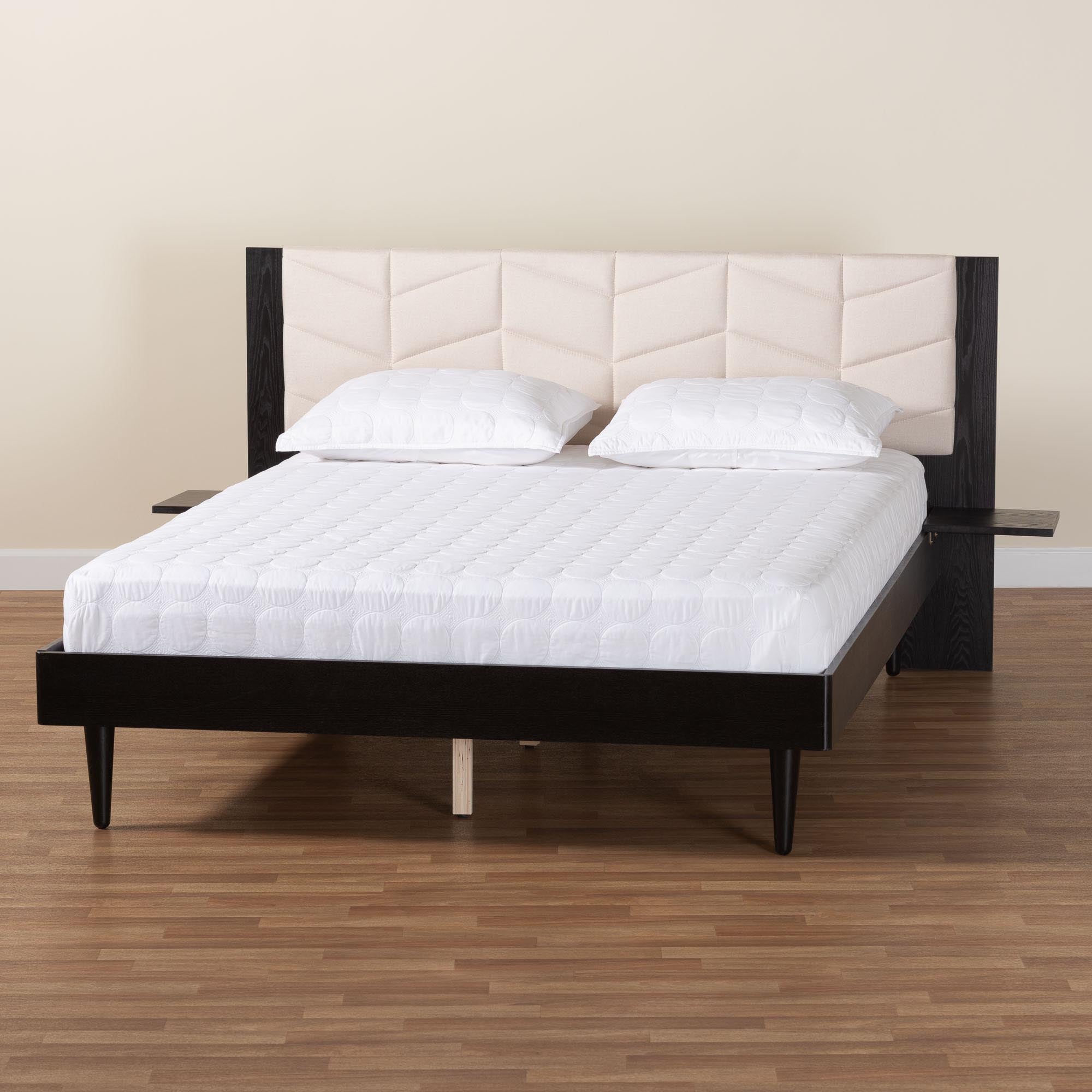 Adriano Transitional Beige Fabric And Black Wood Queen Size Bed With Built-In Side Tables