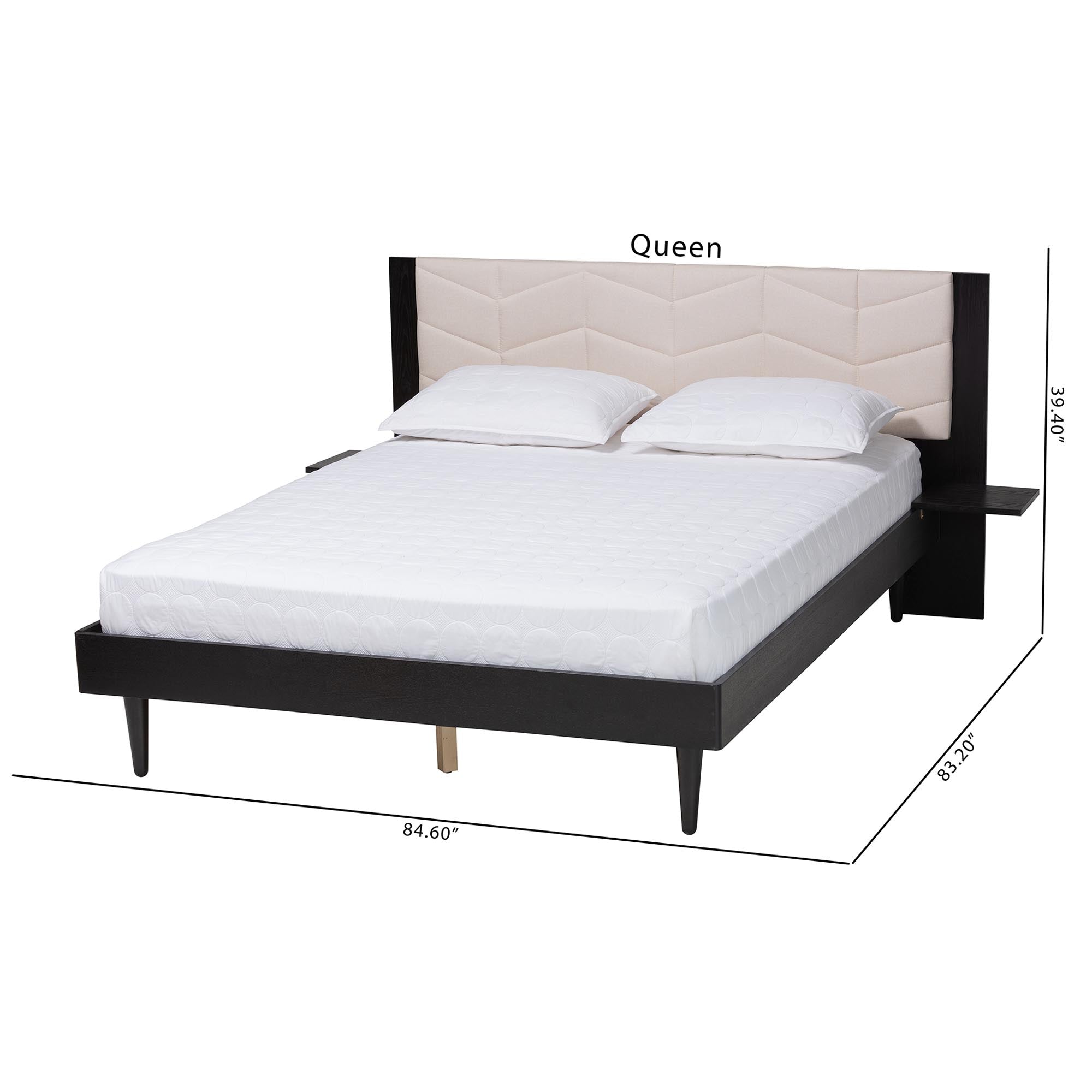 Adriano Transitional Beige Fabric And Black Wood Queen Size Bed With Built-In Side Tables