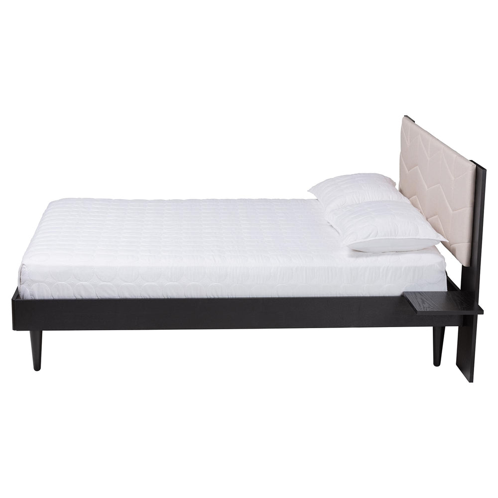 Adriano Transitional Beige Fabric And Black Wood Queen Size Bed With Built-In Side Tables