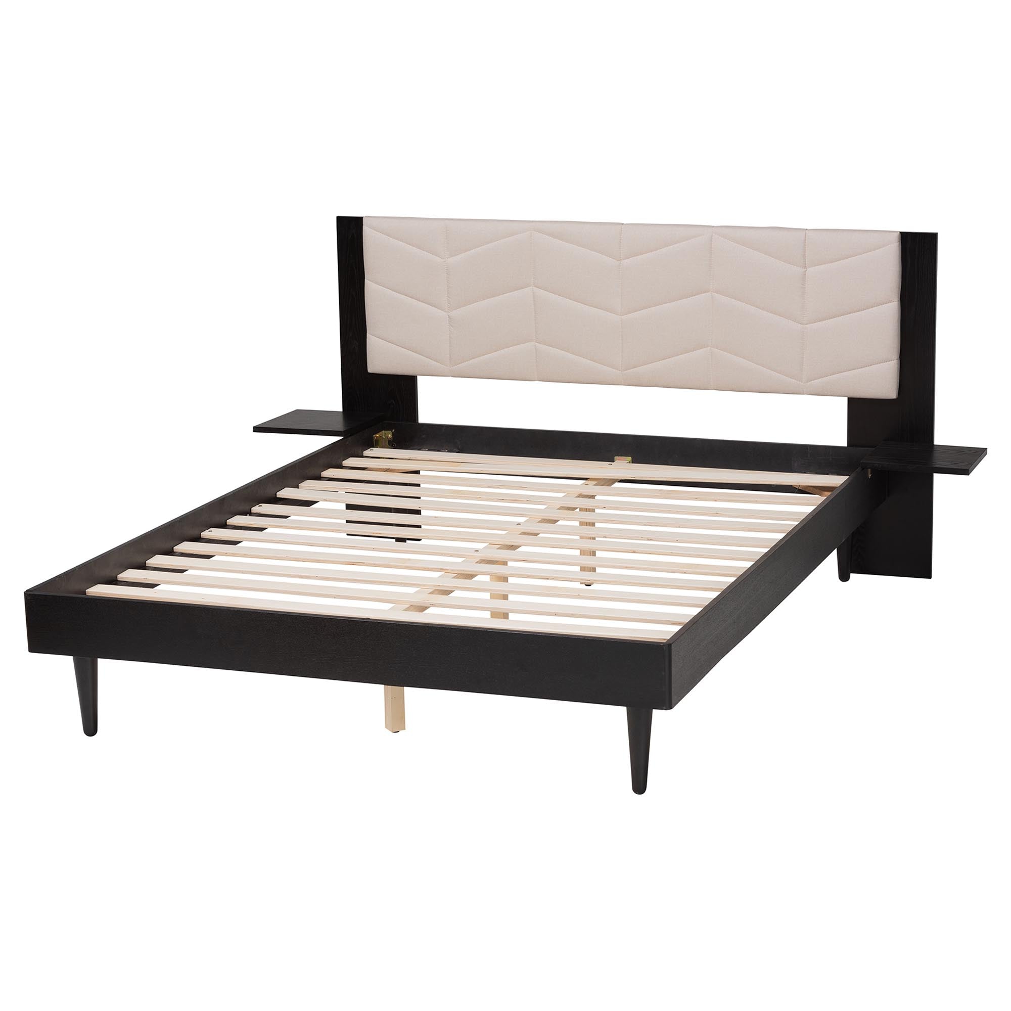 Adriano Transitional Beige Fabric And Black Wood Queen Size Bed With Built-In Side Tables