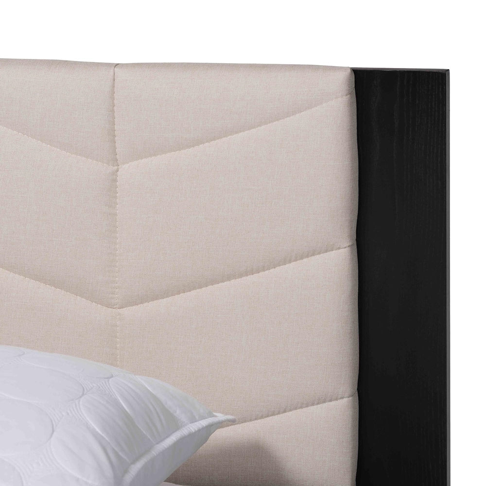 Adriano Transitional Beige Fabric And Black Wood Queen Size Bed With Built-In Side Tables