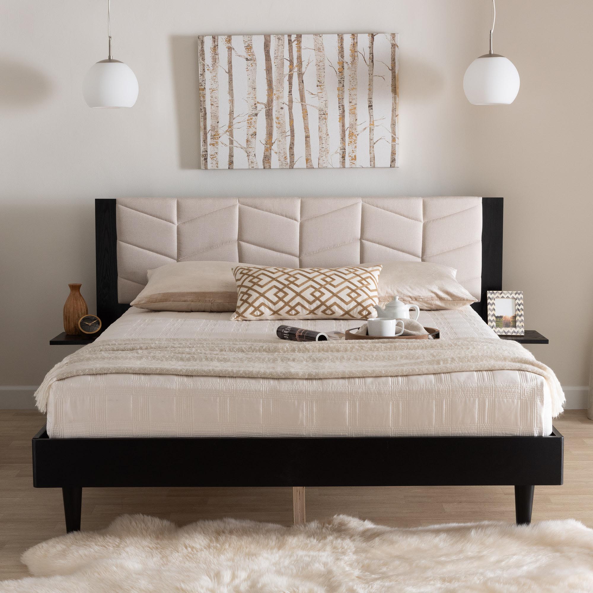 Adriano Transitional Beige Fabric And Black Wood Queen Size Bed With Built-In Side Tables