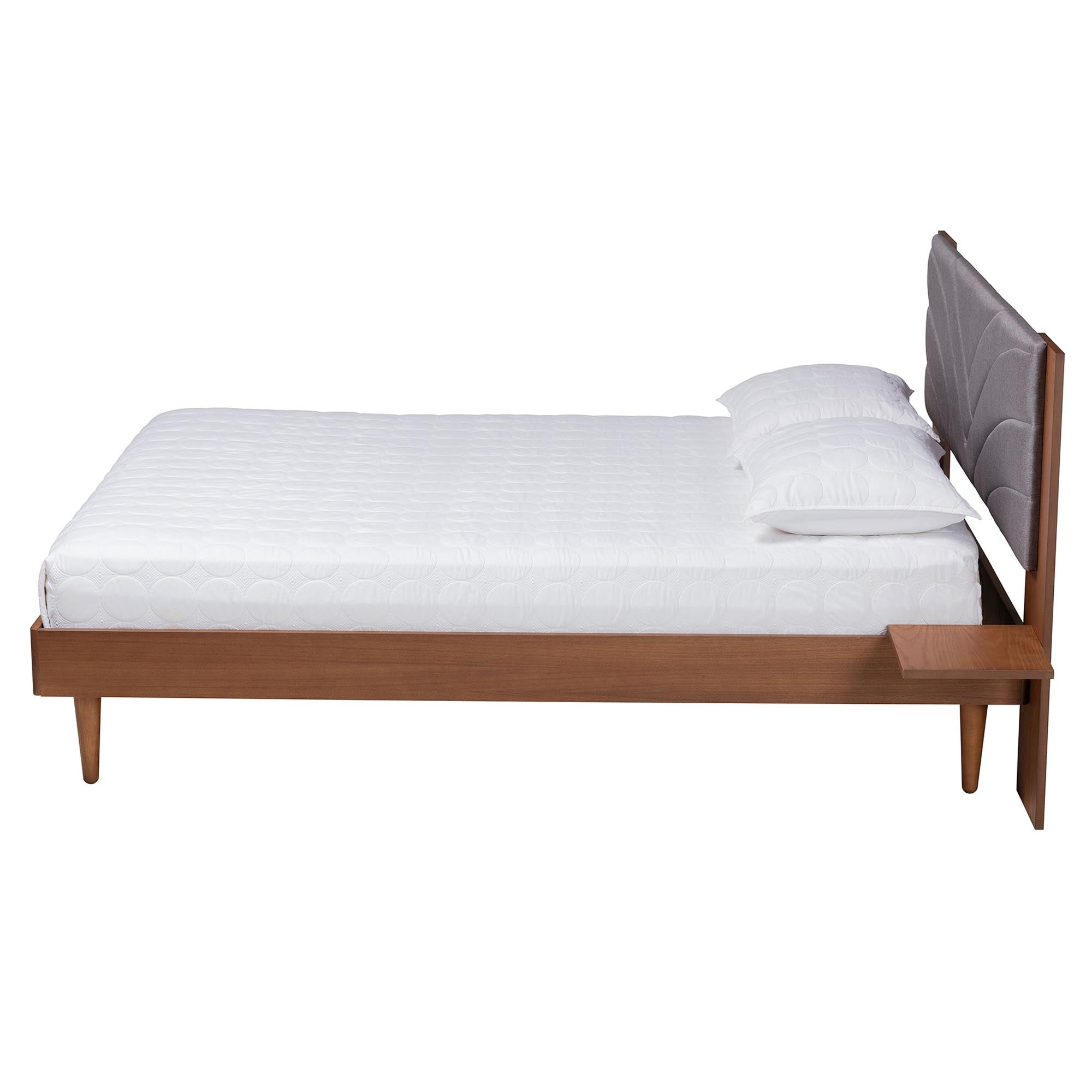 Merryl King Grey Fabric & Walnut Brown Wood Platform Bed  Tufted Headboard with Built‑In Side Shelves