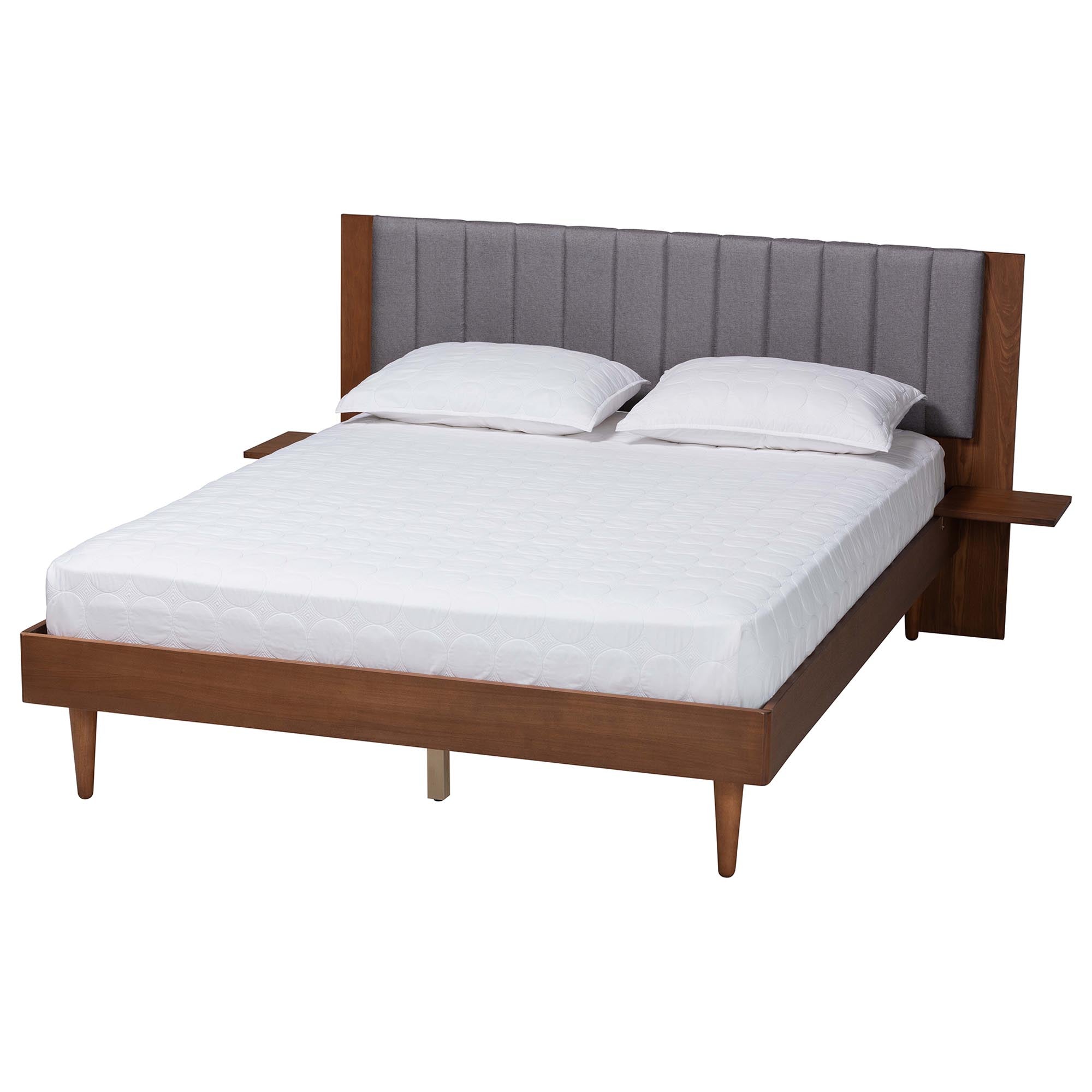 Kalista Transitional Modern Grey Fabric And Walnut Brown Wood Queen Size Bed With Built-In Side Tables