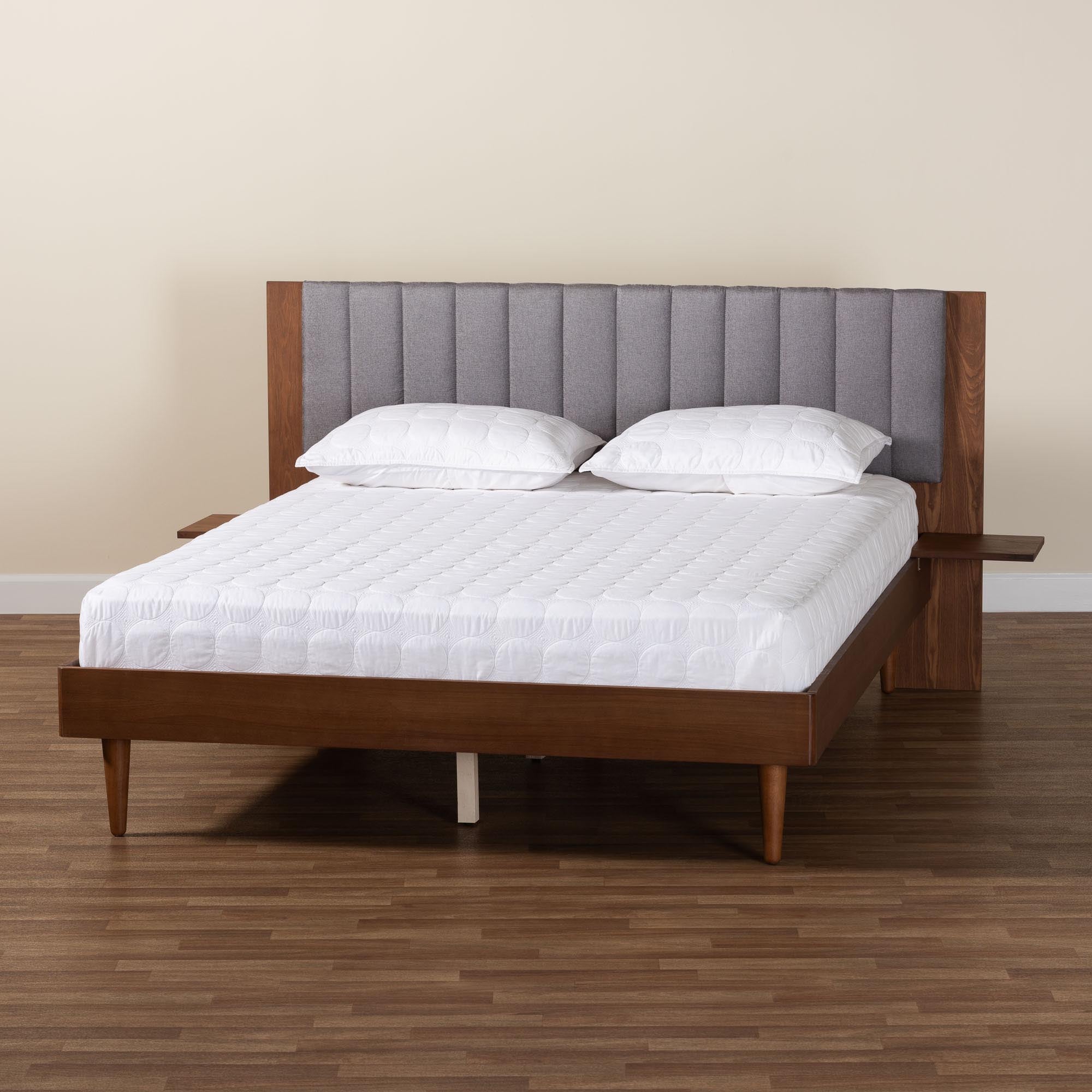 Kalista Transitional Modern Grey Fabric And Walnut Brown Wood Queen Size Bed With Built-In Side Tables