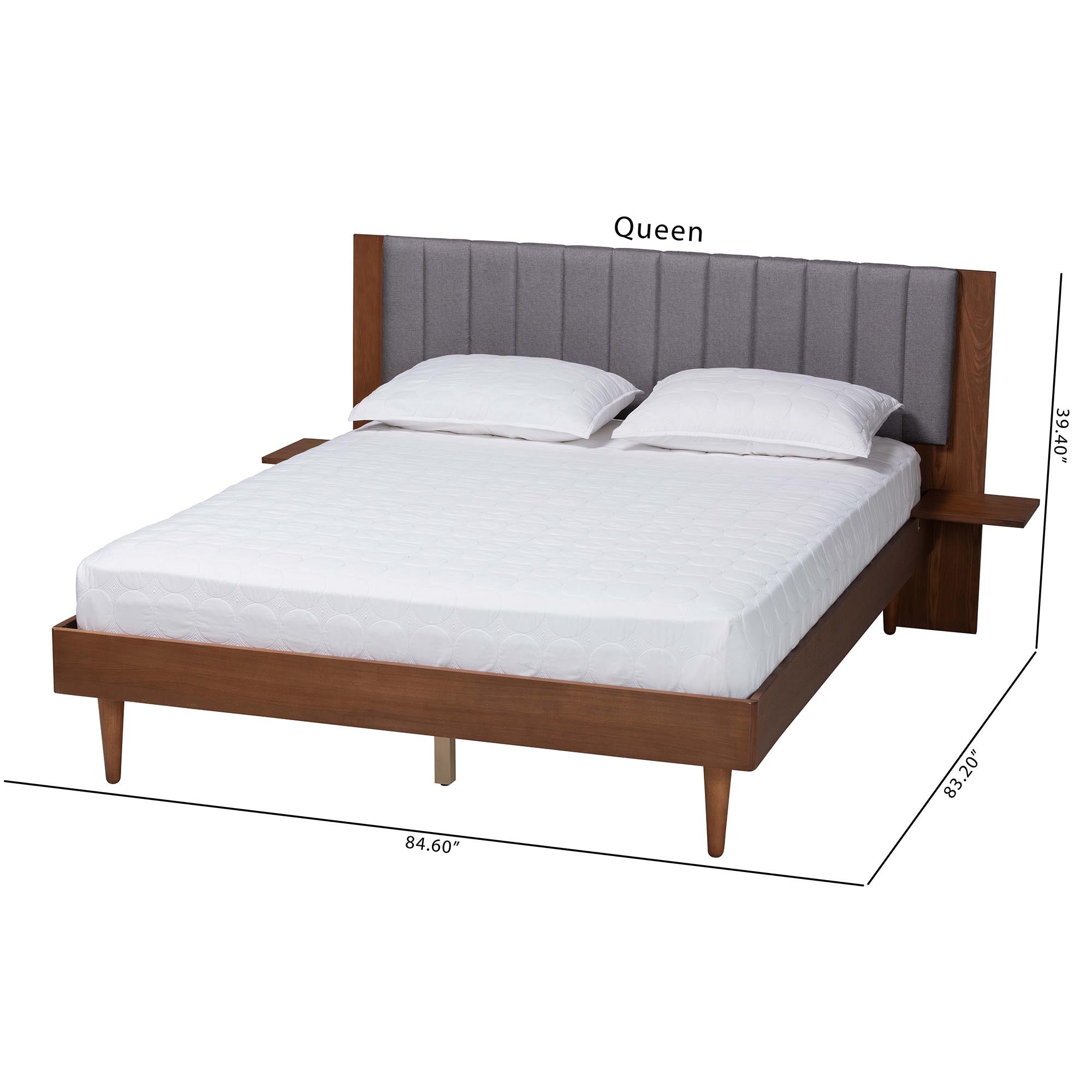 Kalista Transitional Modern Grey Fabric And Walnut Brown Wood Queen Size Bed With Built-In Side Tables